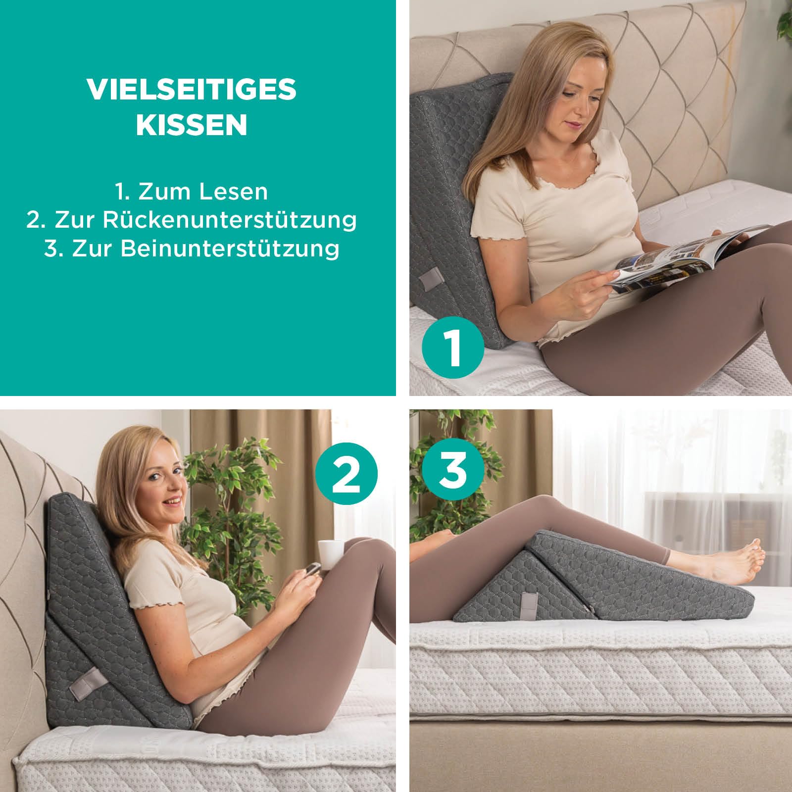 Vitapur Cojín de lectura 3 en 1 - Respaldo ergonómico con brazos ajustables y cojín cervical extraíble - Para cama, sofá y sillón - Funda transpirable - Gris