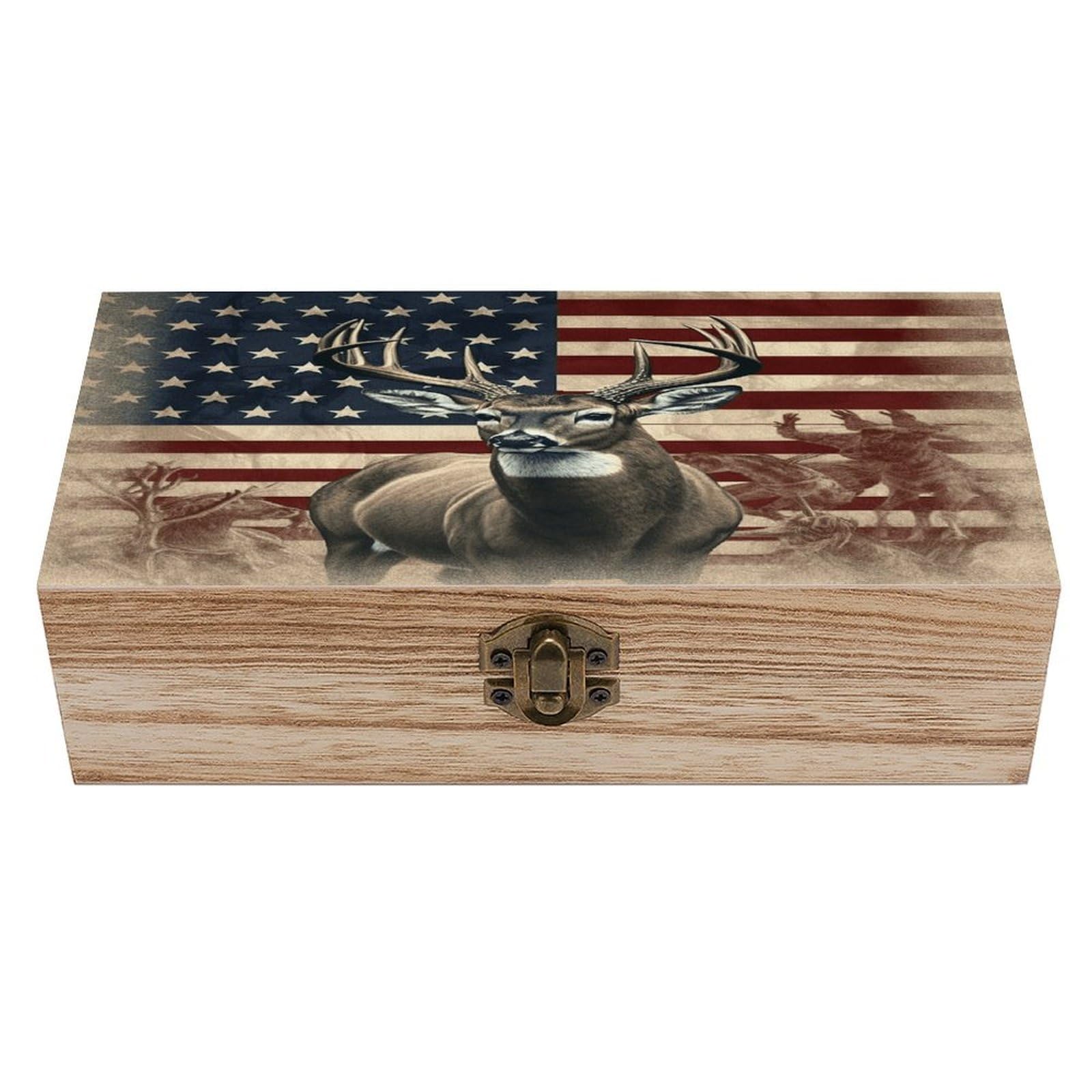 VstaDank Americana Flag Deer Wooden Storage Box Decorative Jewelry Case with Lids Exquisite Wood Box Letters Gifts Acacia Wood Boxes Fashion Wooden Keepsake Boxes for Men Women