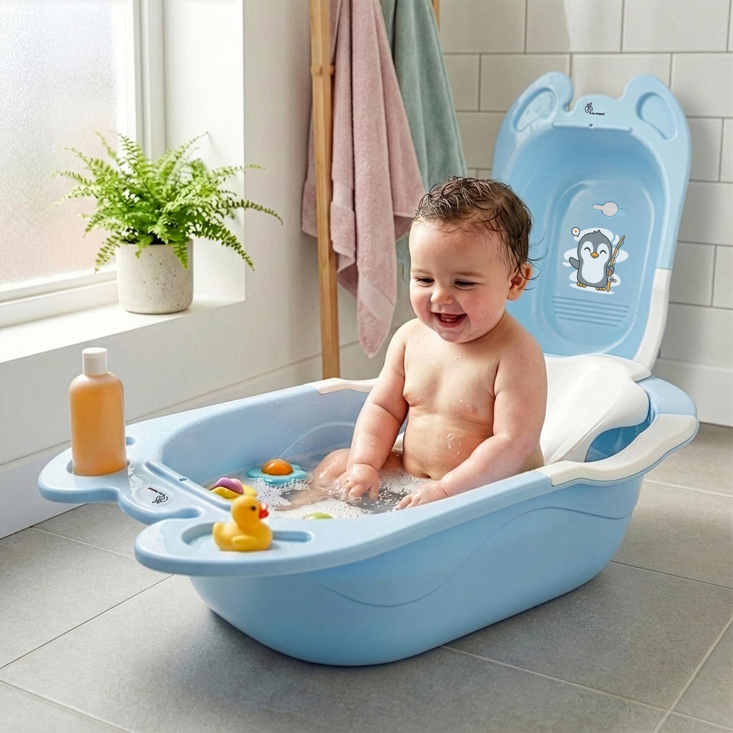 R for Rabbit Bubble Double Snowy Baby Bath Tub, Ergonomic Sling Support, Easy Drainage, Safe & Smooth Edges 0-3 Years Kids Girls & Boys Bather Bathtub for Shower Weight Capacity 15Kgs (Blue White)-image-32