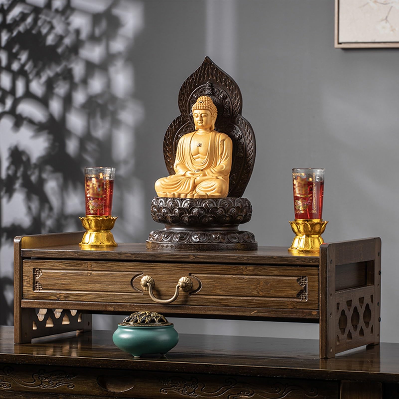 Zigtuei Brown Chinese Altar Table, Low Meditation Table With Drawer, Puja Table, Spiritual Altar For Buddhist Prayers, For Living Room, Bedroom, Office, Bathroom(,69Cm/27.2In)