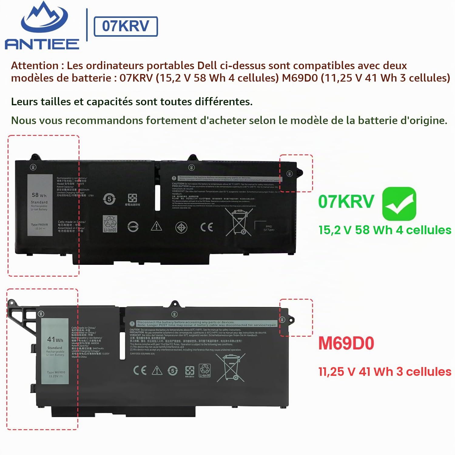 ANTIEE FK0VR 07KRV Laptop Batterie pour Dell Latitude 15 5530 7530 13 5330 7330 14 5430 7430 2-in-1 Precision 3570 Mobile Workstation Series P133G P134G P138G P139G P139G002 P138G002 P133G002