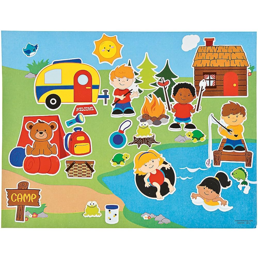 Fun Express Summer Camp Sticker Scenes - Makes 12 - Educational And Learning Activities for Kids - Multicolor
