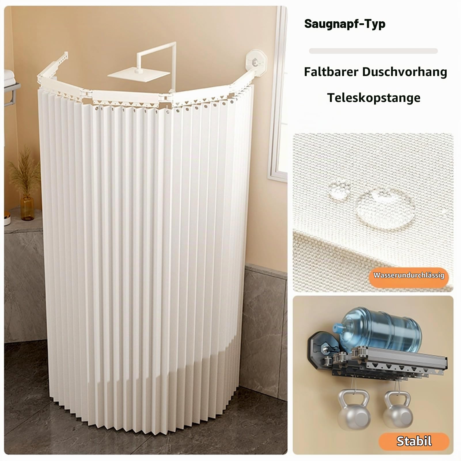 Faltbarer Duschvorhang Anti Schimmel mit Duschvorhangstange L/U Form und Saugnapf, Duschvorhang Leinen Textil Ohne Bohren, Wasserdicht/Waschbar für Eckdusche, Shower Curtains(Weiß,172 cm+25 cm)