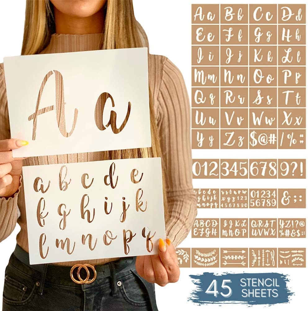 Boutique Calligraphy Stencil Template Kit | 45 Reusable Pieces | Lettering Upper, Lowercase, Large & Small | Numbers, Punctuation, Laurels and Flowers - For Arts Crafts Painting Wood (Calligraphy Kit)
