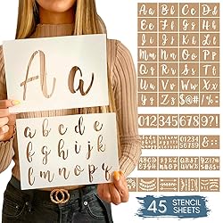 Boutique Calligraphy Stencil Template Kit - 45 Reusable Pieces - Includes Lettering Upper and Lowercase Both Large and Small, Numbers, Punctuation, Laurels and Flowers - for Arts Crafts Painting Wood
