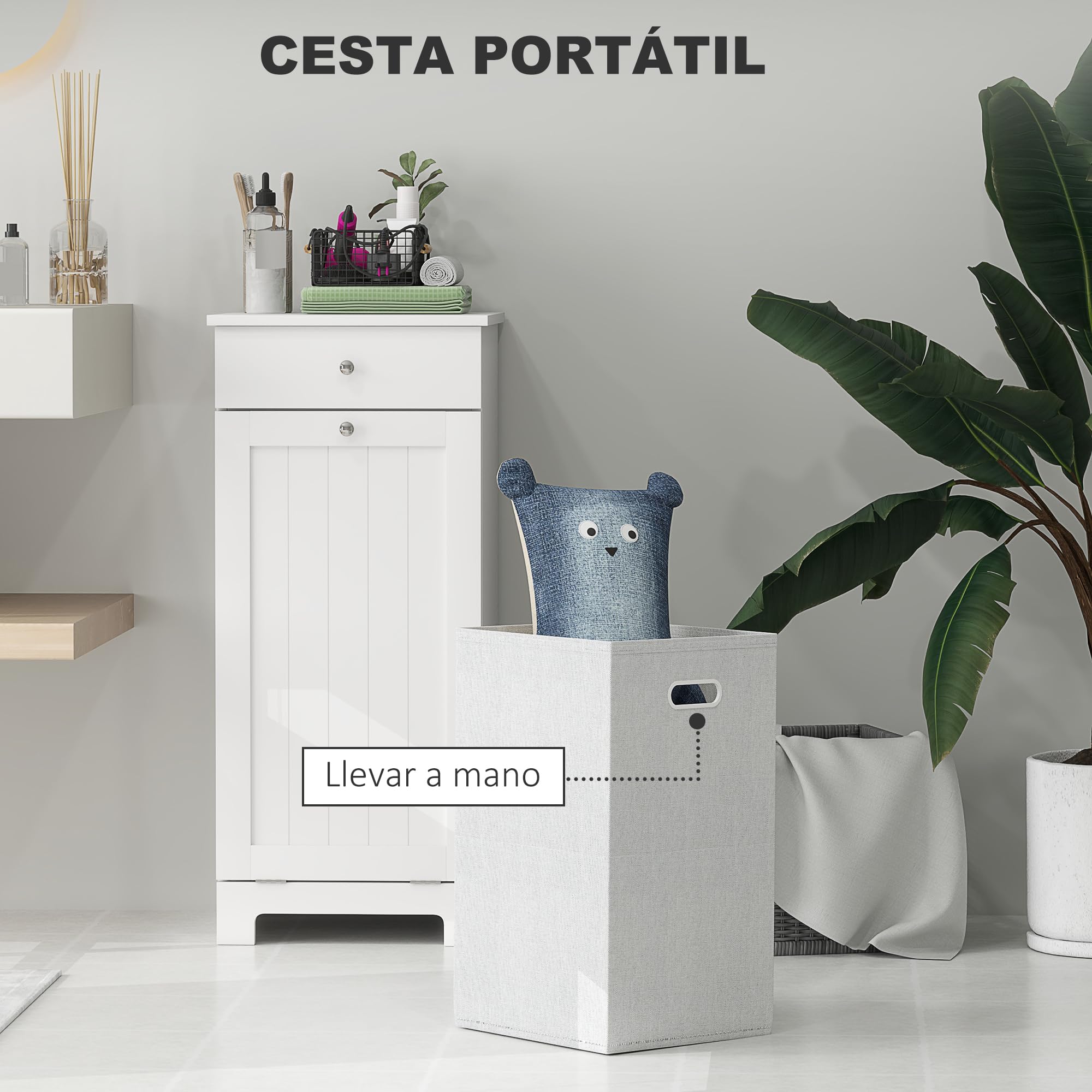 HOMCOM Armario de Baño con Cesto Ropa Sucia Abatible, Mueble Ropa Sucia con Bolsa de Tela Plegable y Cajón, Ideal para Lavandería, Blanco, 40x38x90 cm