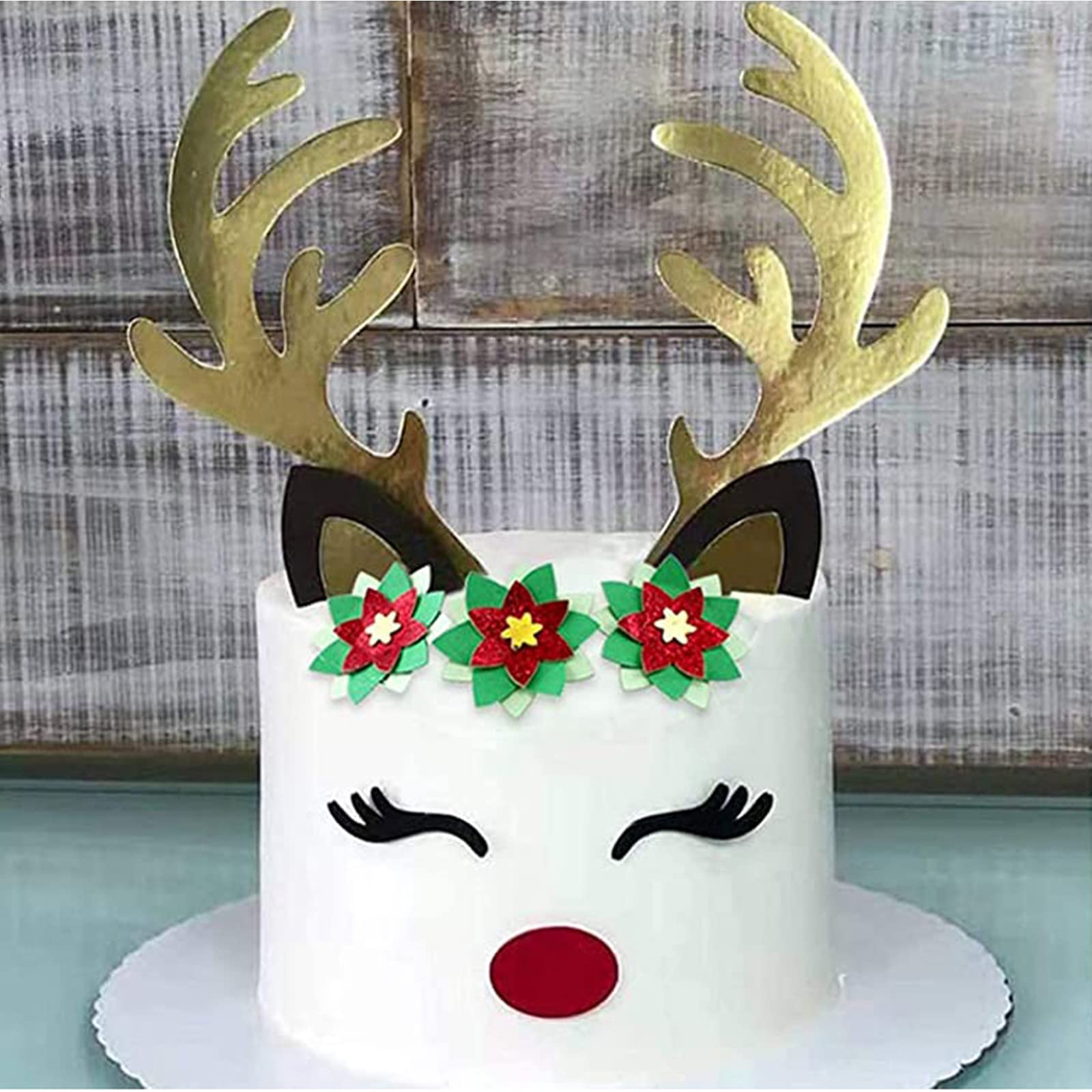 Reindeer Cake Topper Decorations - Christmas Cake Decor With Eyelashes, Nose, Ears & Golden Horns
