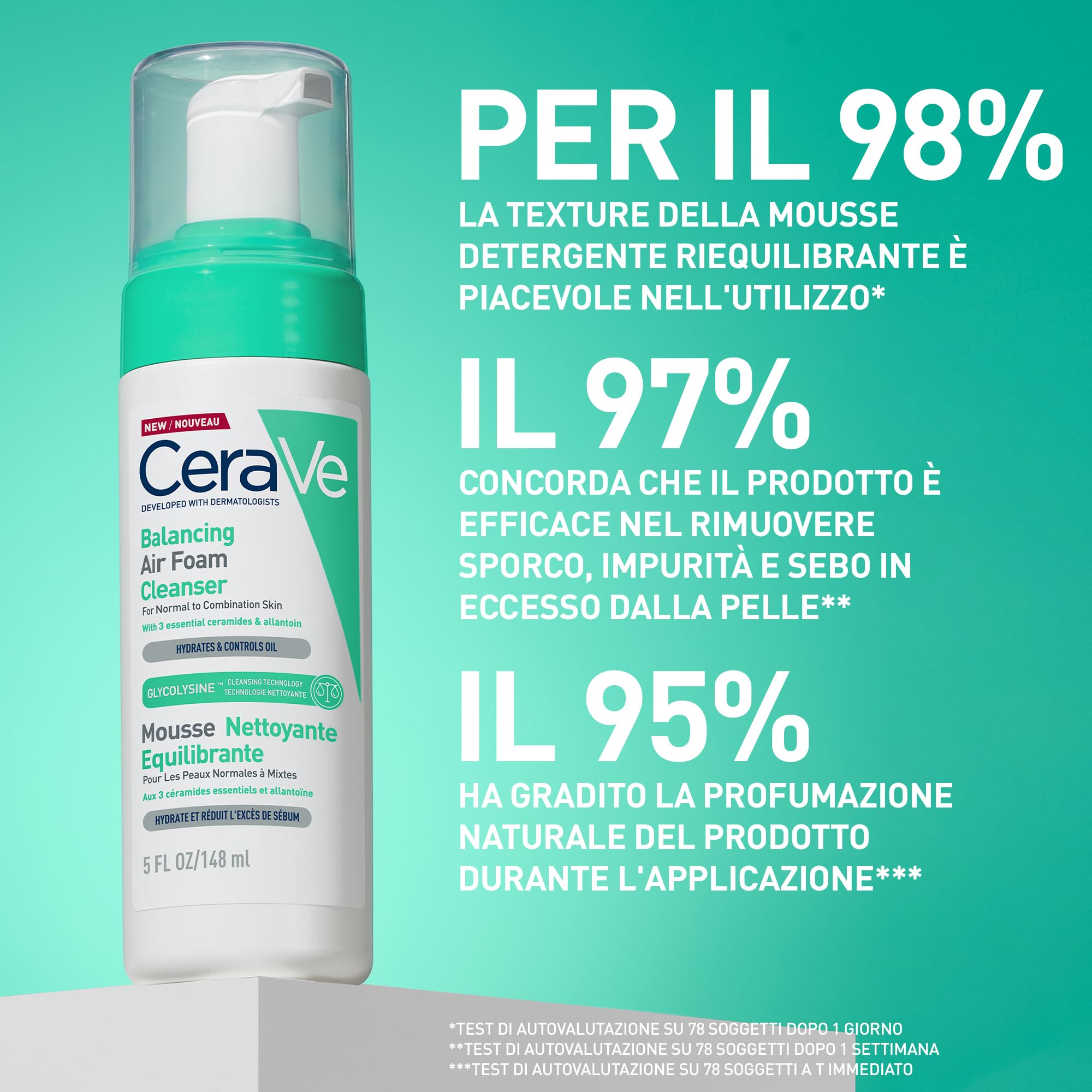 CeraVe Mousse Detergente Riequilibrante, Per Pelli da Normali e Miste, Pelle Idratata e Produzione del Sebo Ridotta, Con Tecnologia Glycolysine, 3 Ceramidi Essenziali e Allantoina, 148 ml