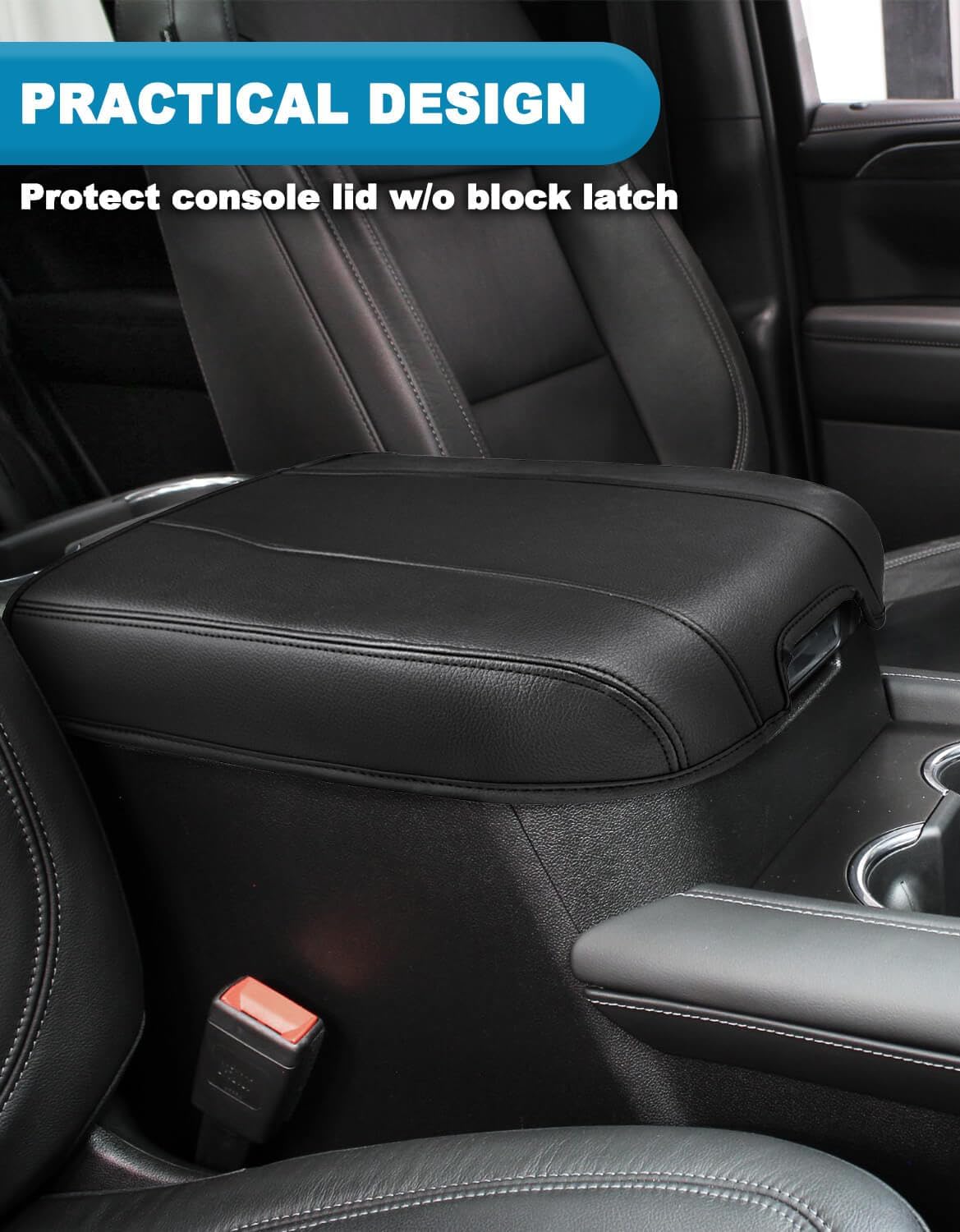 Center Console Armrest Cover for Chevy Silverado & GMC Sierra 2019-2026, Yukon & Tahoe & Suburban 2021-2026, Floor Console Bucket Seat Only, Vinyl Middle Console Cover, Scratchproof, Black