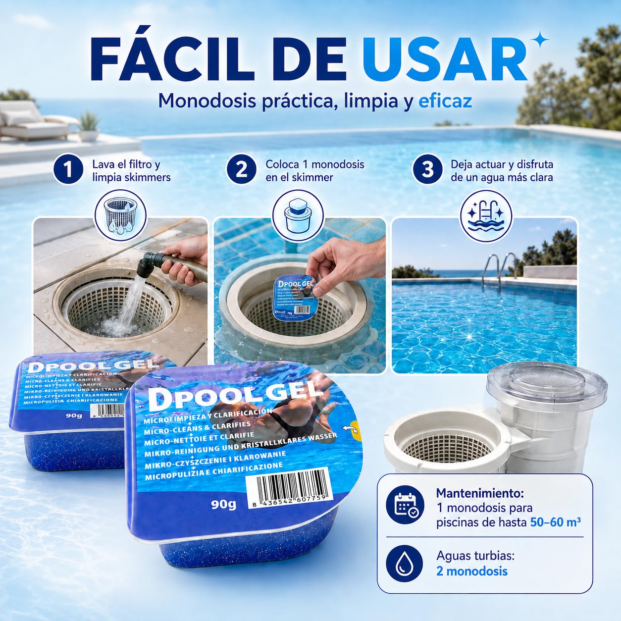 DIASA INDUSTRIAL Pack 6 UDS Gel Clarificante Piscinas Dpool Gel - MONODOSIS 90 GR - Agua Piscina cristalina