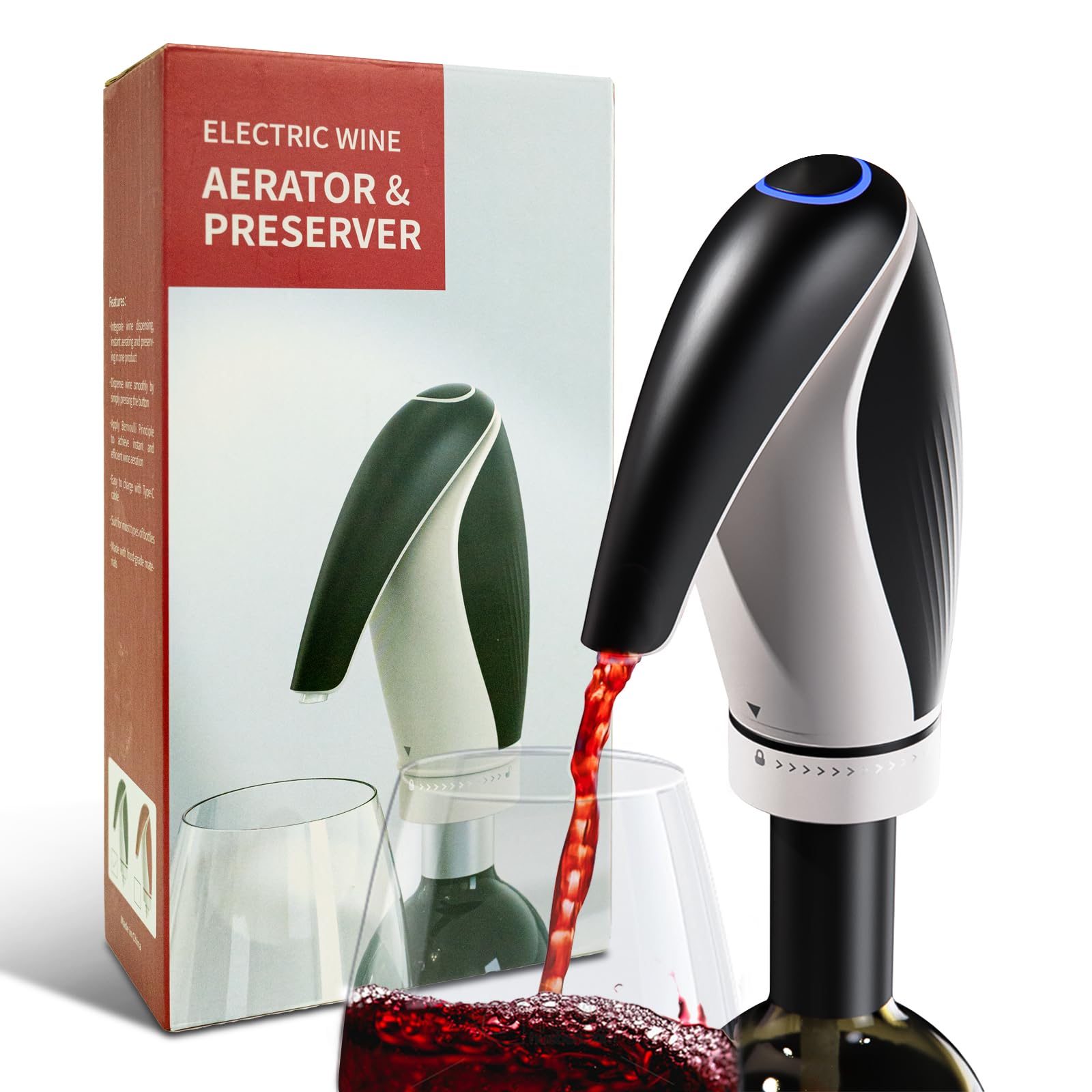 Carafe à Vin Électrique, Aérateur de Vin Automatique, Carafe Rechargeable Intelligente Pour Les Fêtes de Famille Avec 2 Bouchons de Vin, Noir