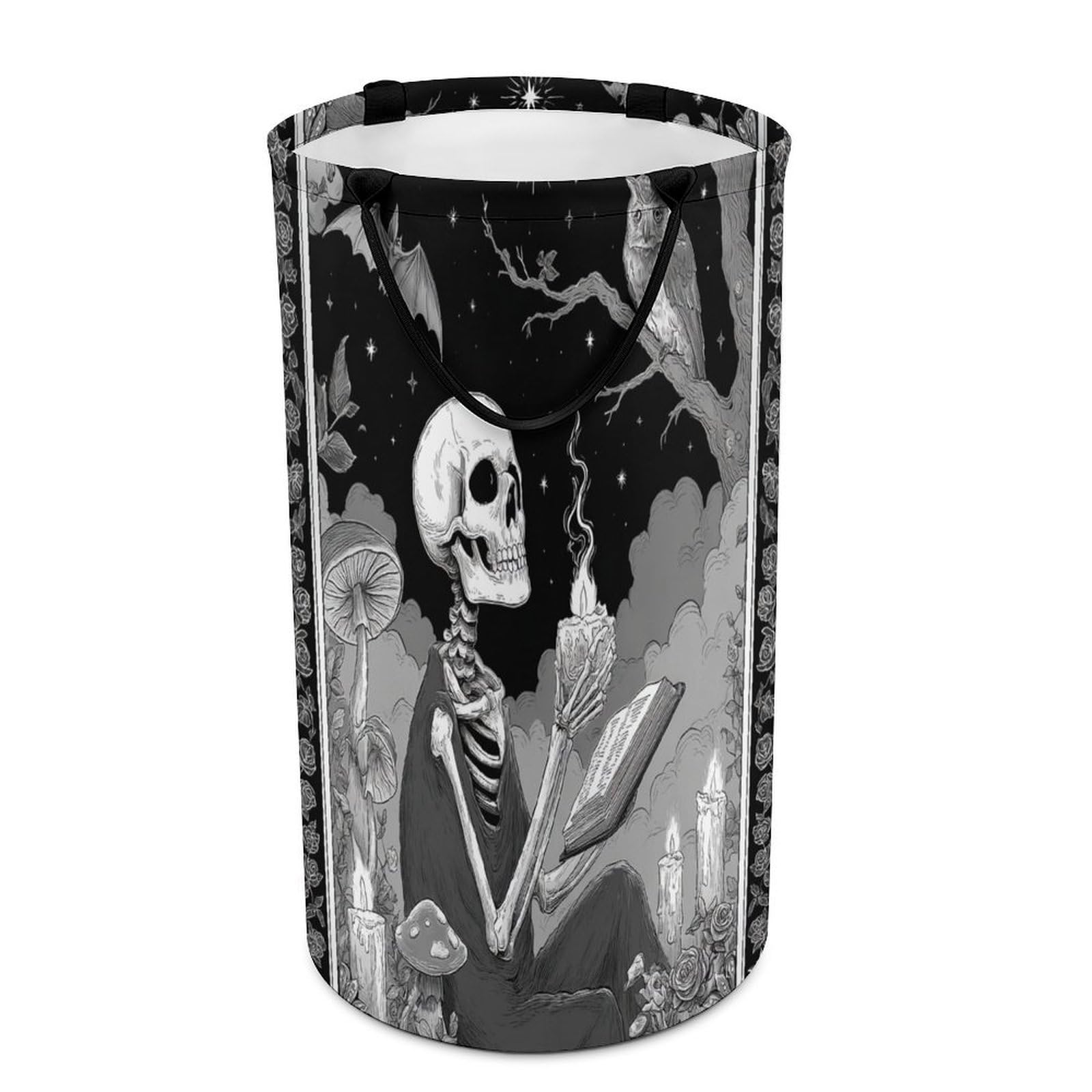 LUYYSKY Retro Abstract Gothic Skeleton Collapsible Dirty Clothes Basket, Rustic Oil Painting Halloween Animal Owl Bats Horror Skull Portable Clothes Storage Basket