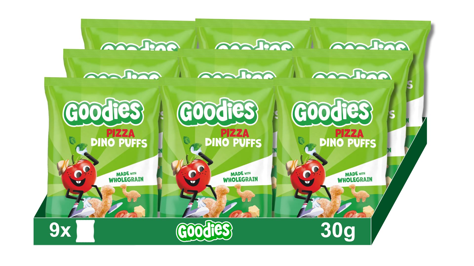 Goodies, Snack per Bambini al Gusto Pizza, Snack Estrusi di Grano Intero al Forno con Formaggio, Forme Divertenti, 30g x 9U