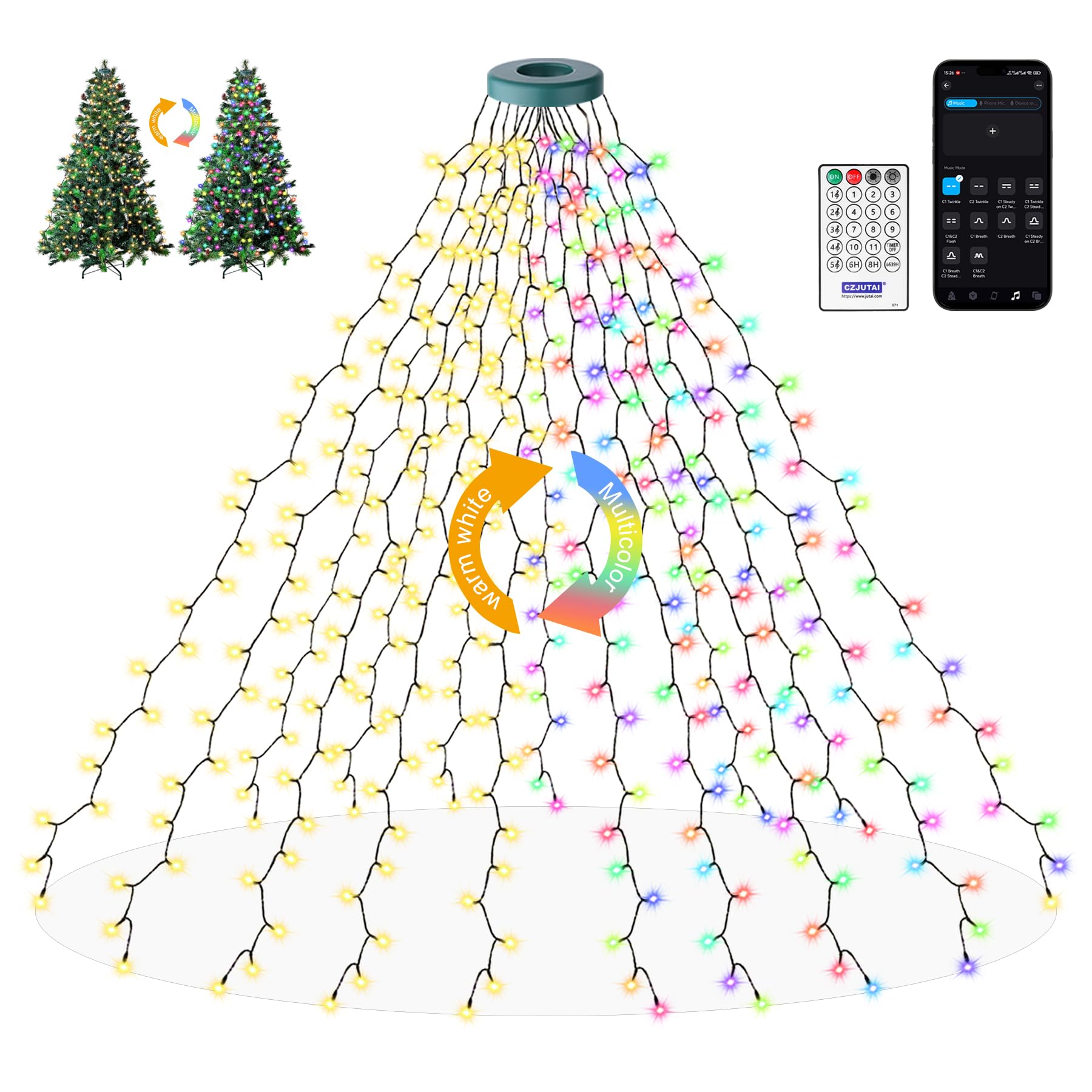 Luci per albero di Natale da 2 m con anello, telecomando e controllo tramite app, catena da 400 LED con 8 modalità, illuminazione per decorazioni natalizie