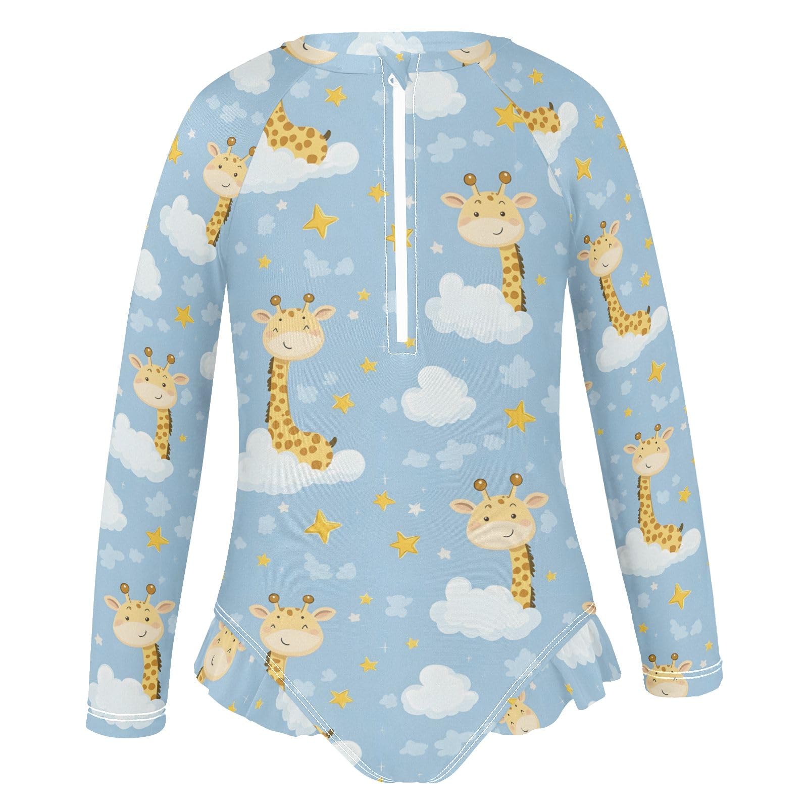 ALAZA Swimsuit for Girls Long Sleeve Rashguard Bathing Suit Giraffe Cloud Blue Quick Dry 4T