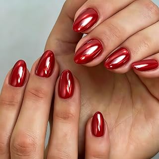 KQueenest Chrome Press On Nails Kurz Rund, Glänzende Weinrote Nägel zum Aufkleben, High Shine Gel Fake Nails für Frauen in 16 Größen - 32 Stück Salonqualität Künstliche Nägel Set