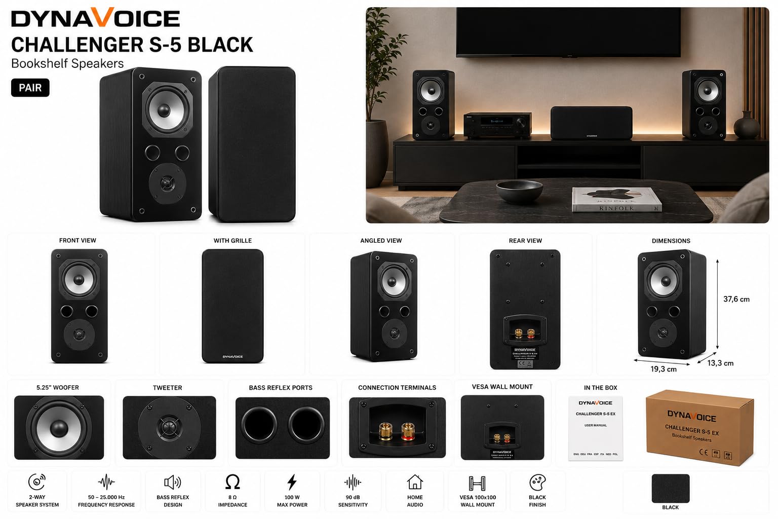 Dynavoice Challenger S-5 Negro – Pareja Altavoces Estantería/Pared 2 Vías HiFi con Woofer 5,25″ y Tweeter Super Audio – 100 W Máx. – Sistema Pasivo.