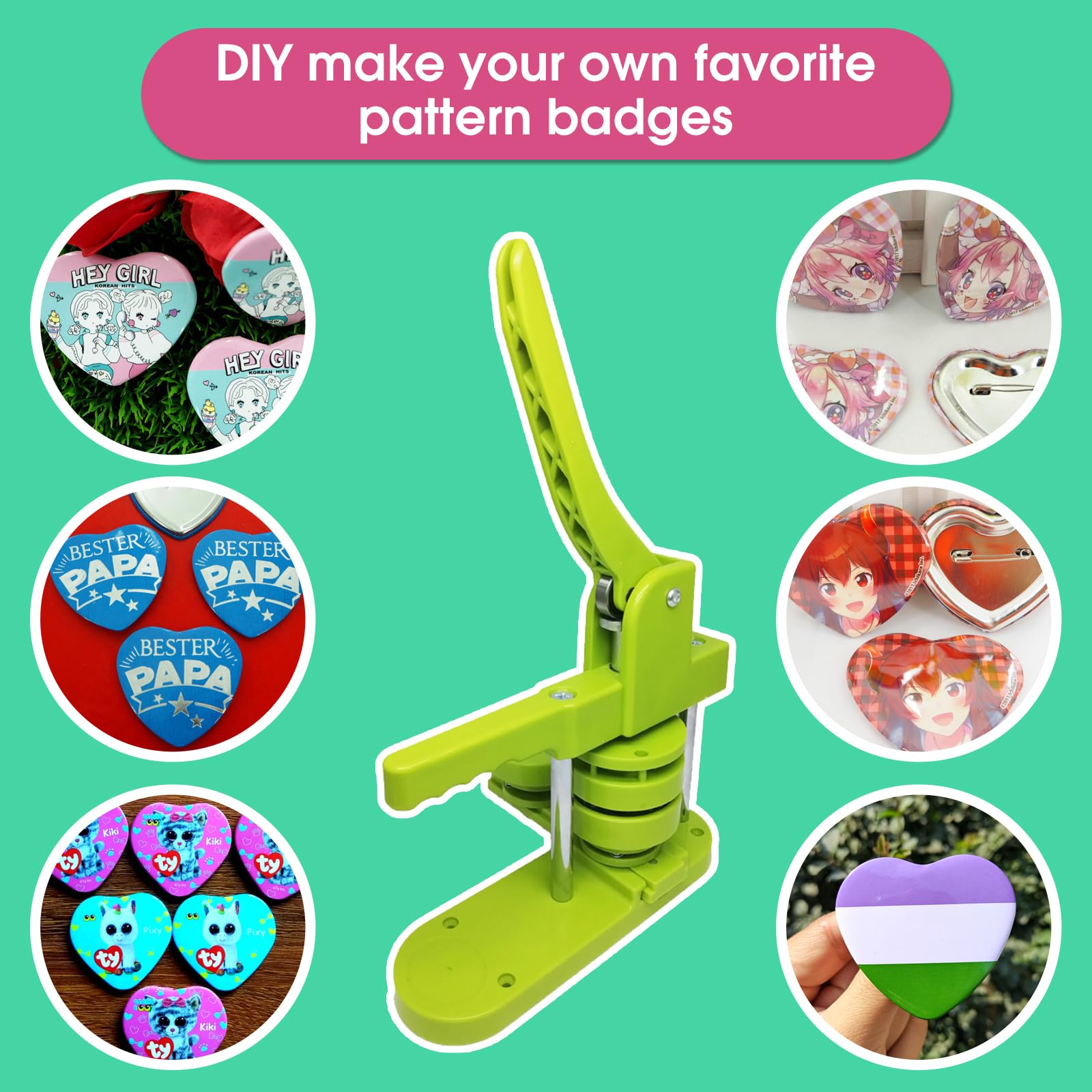 Machine à boutons en forme de cœur pour la fabrication d'insignes en forme de cœur avec 100 pièces de boutons, 1 pochoir et 2 outils de tournevis pour le dessin artistique à la main (vert)