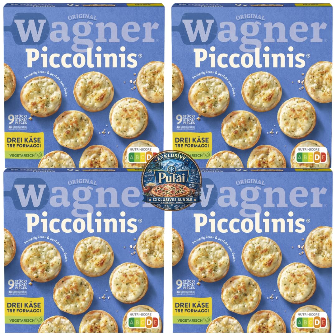 PUFAI Bundle – Piccolinis Drei Käse 270g x4 – Mini Steinofenpizza mit Käsemix, Kleine Pizza Snacks, Tiefgekühlt, Ofenbereit