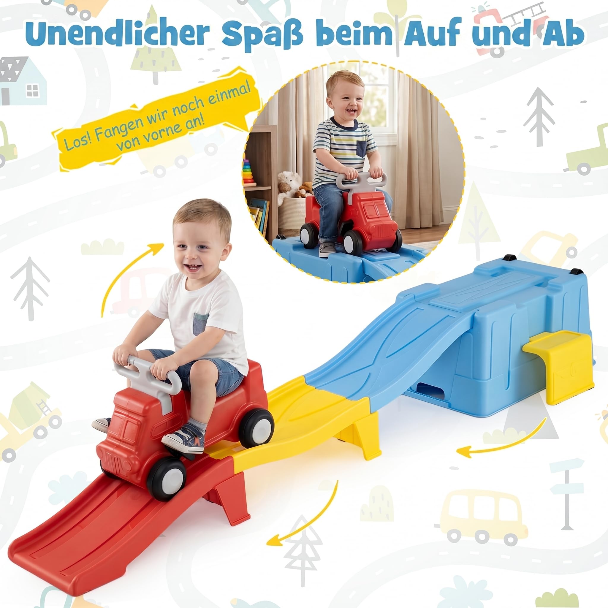 COSTWAY Up & Down Roller Coaster bis 68 kg belastbar (Blau + Gelb + Rot) | erweiterbare Kinderachterbahn mit Rutschauto, Aufbewahrungsbox & Abfahrtsrennbahnen, Motorikspielzeug für kinder ab 3 Jahre