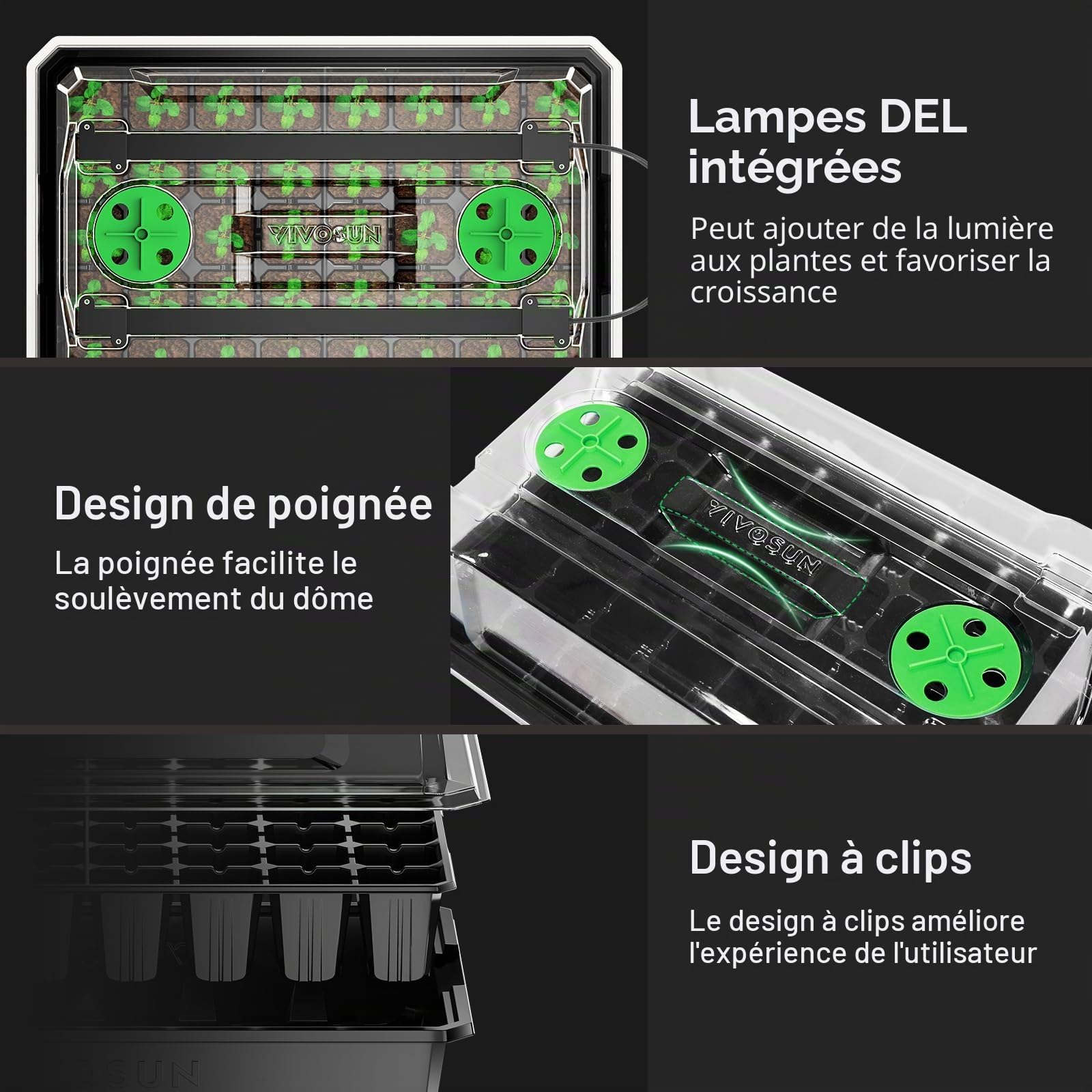 VIVOSUN 1 Plateau de démarrage de graines à 40 cellules avec 1 Jeu de lumières LED et Tapis Chauffant de semis de 25,4 x 52,7 cm, Housse Plus Haute de 9,1 cm, aérations réglables, Trous de Drainage,