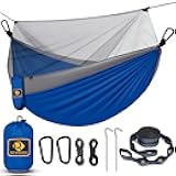 Camping Hammock with Net,Travel Portable Lightweight Hammocks with Tree Straps and Solid D-Shape Carabiners,Parachute Nylon Hammock for Outsides Backpacking Beach Backyard Patio Hiking Blue & Grey