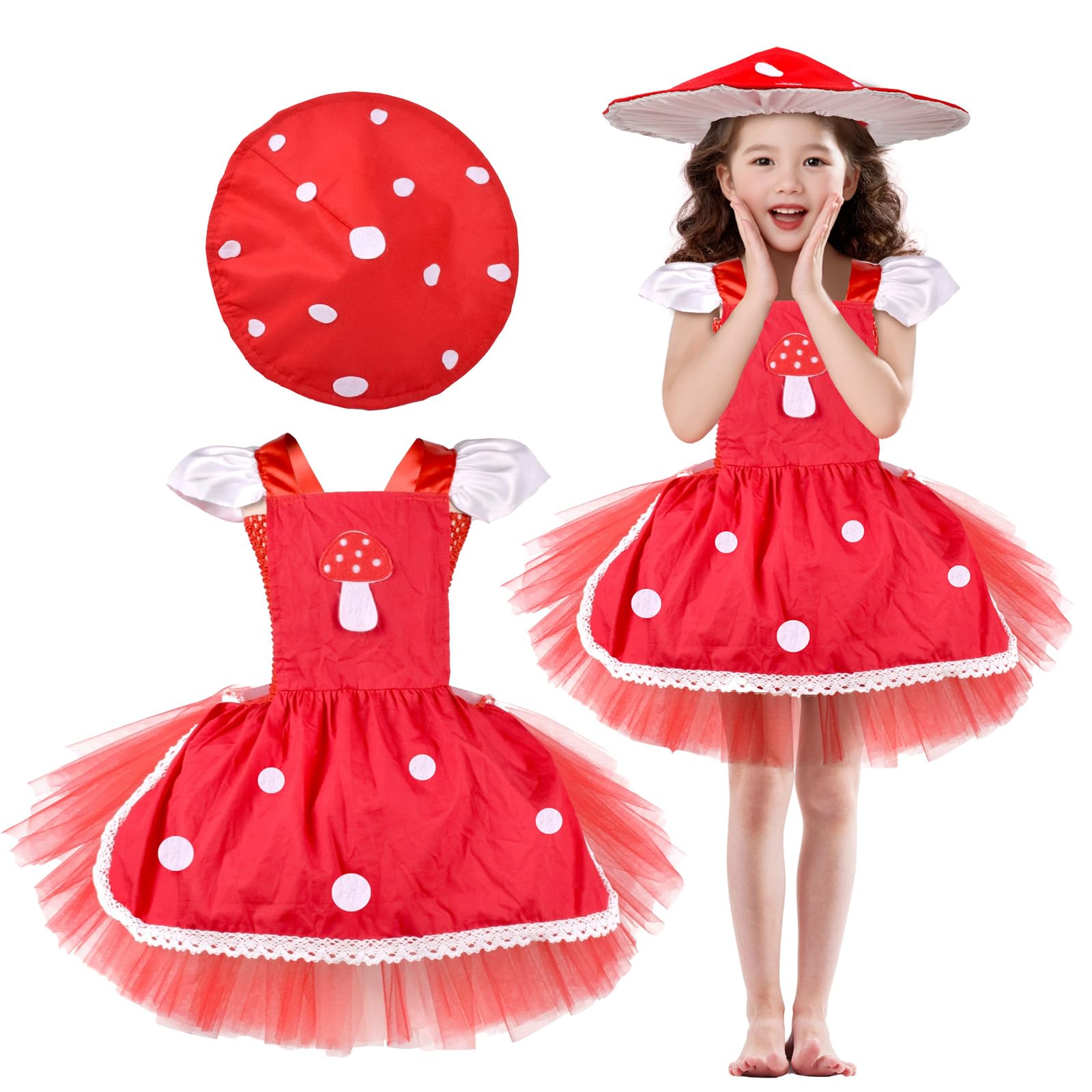 AENEY Girls Mushroom Costume, 2PCS Mushroom Tutu Dress with Red Cap Hat, Toddler Tulle Dresses Princess Cosplay Outfit (Medium)