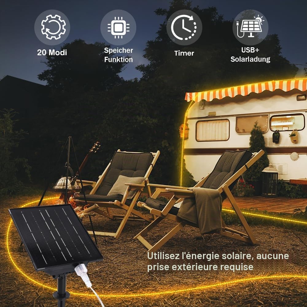 Tuyau LED solaire extérieur (diamètre : 5,5 mm), 30 m, 1200 LED, blanc chaud, avec fonction de charge USB et télécommande, guirlande lumineuse solaire LED pour extérieur, fête, jardin, balcon