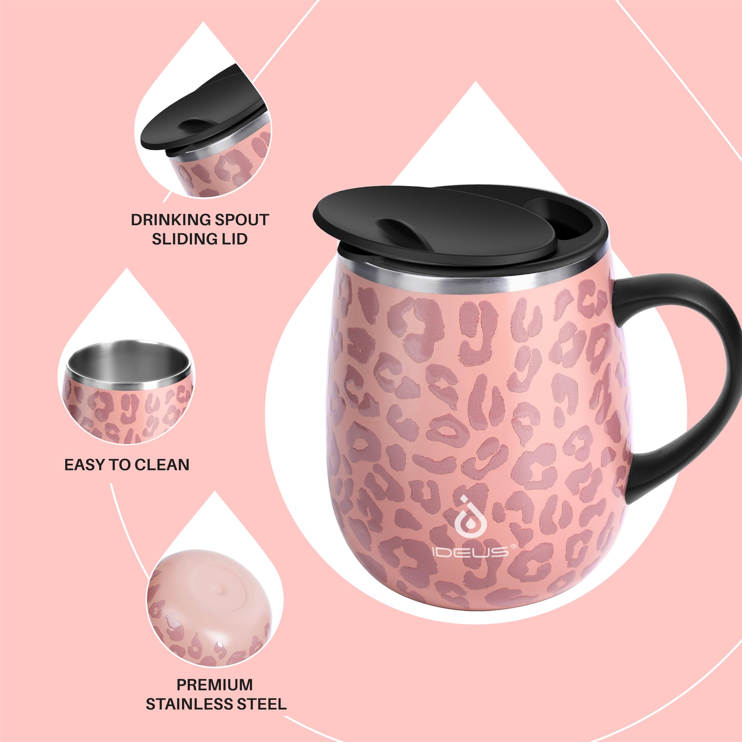 Ideus 16 oz Insulated Coffee Mug with Handle and Lid, Double Wall Stainless Steel Vacuum Insulated Tumbler Cup - Image 3