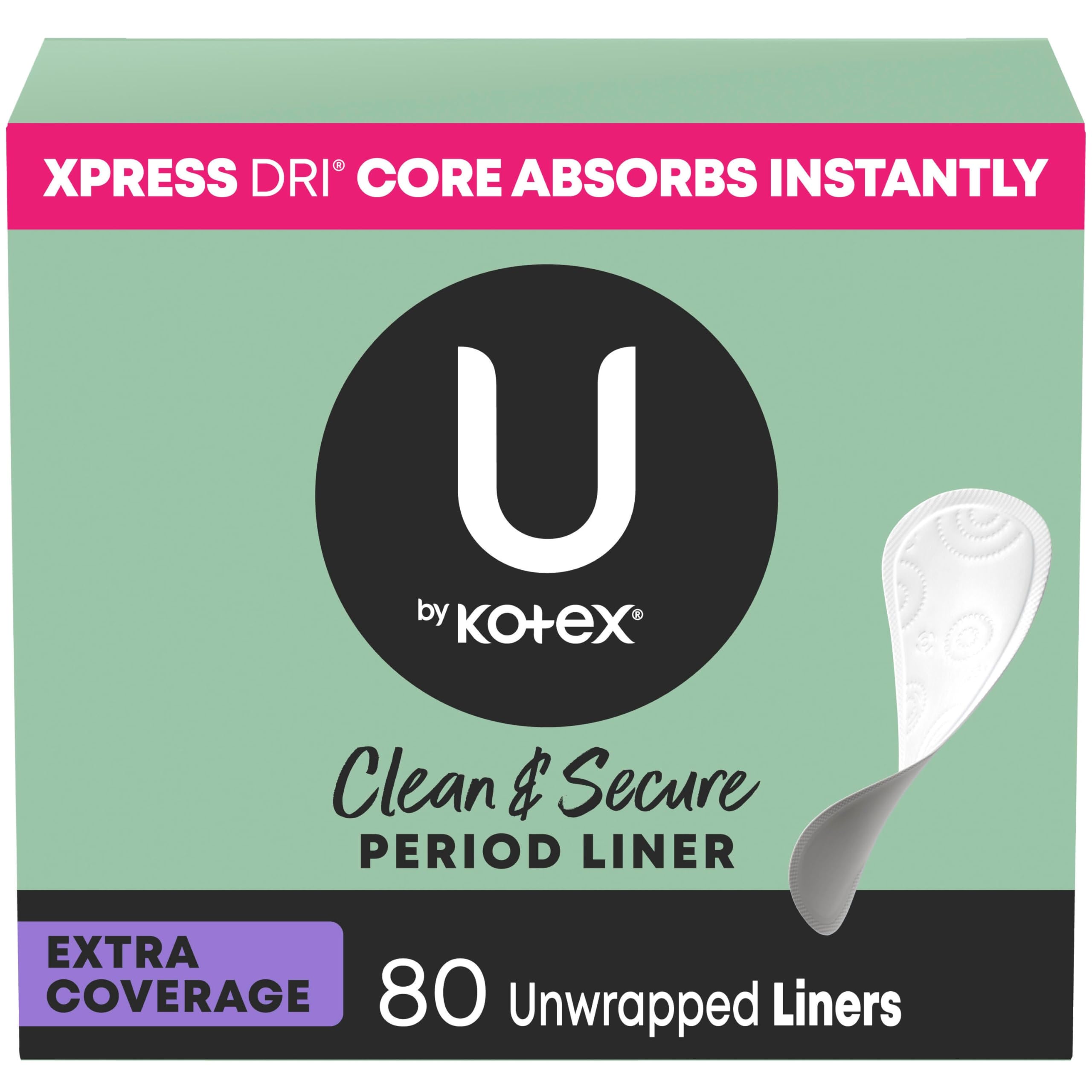 U by Kotex Panty Liners, Clean & Secure, Light Absorbency, Extra Coverage, 80 Count (Packaging May Vary)