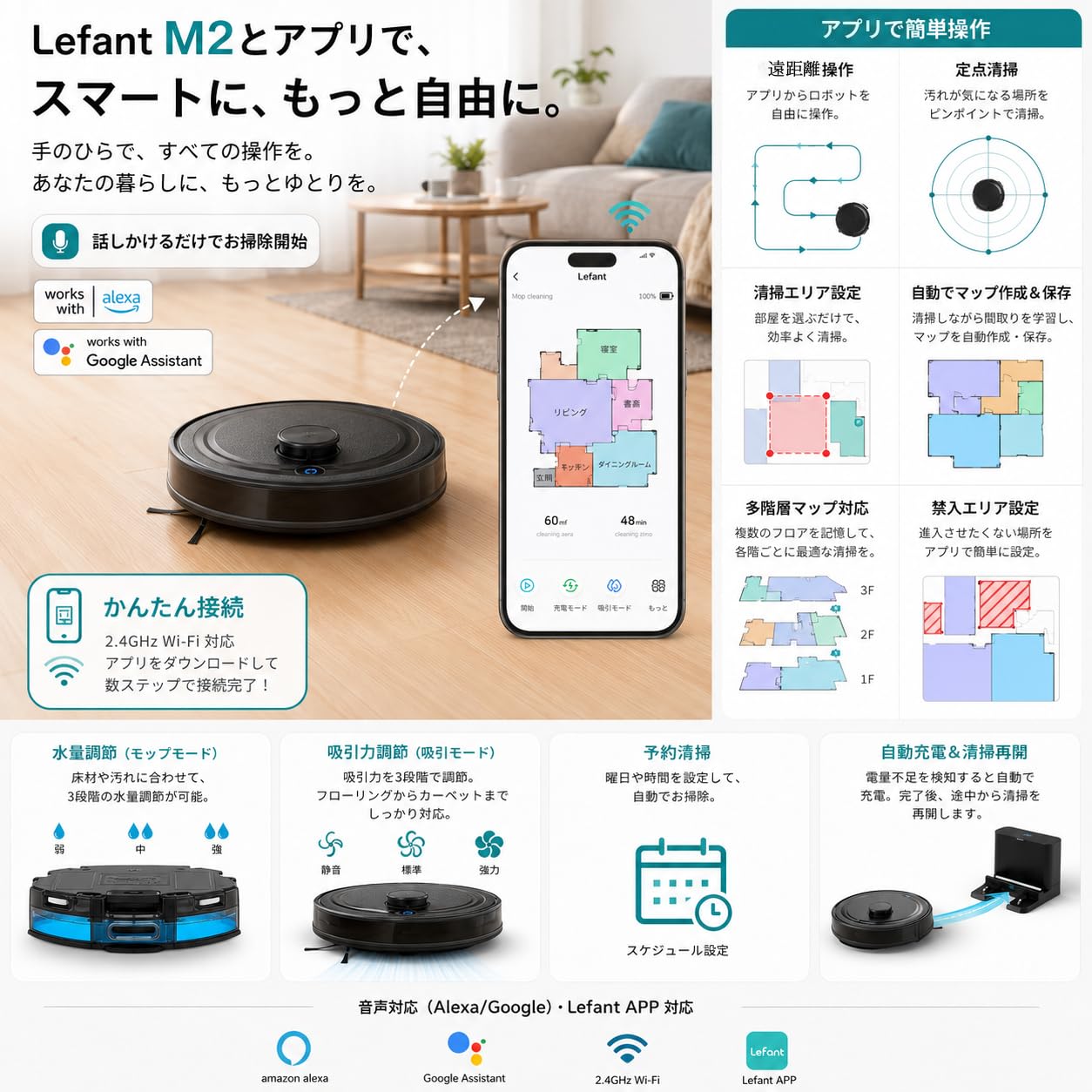 Amazon | Lefant M2 ロボット掃除機 水拭き両用 6000Pa強力吸引 毛絡み
