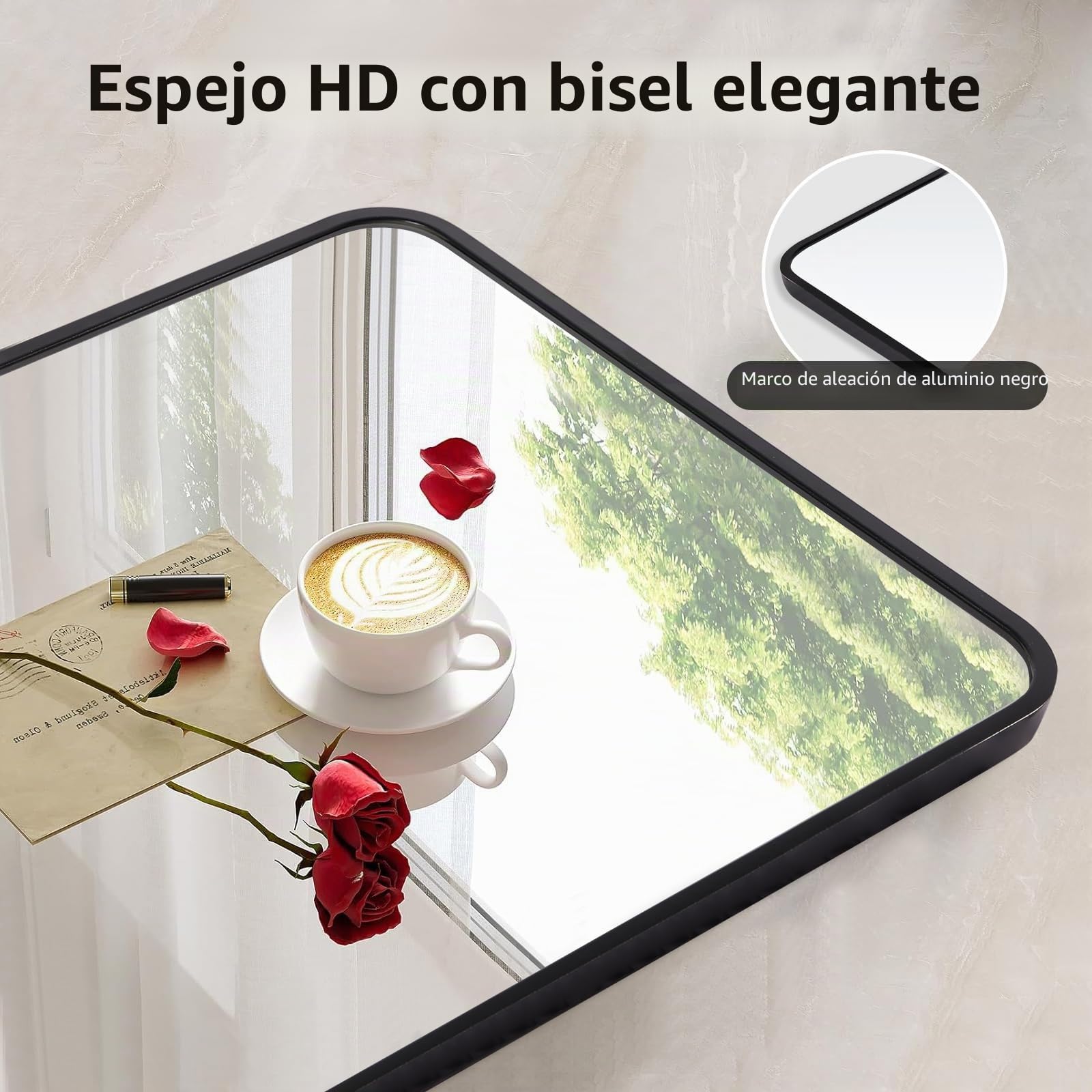 Espejo de baño 70x50 cm, Marco de Aluminio Negro | Resistente al óxido y la corrosión · montaje horizontal o vertical · baño, dormitorio, salón, pasillo