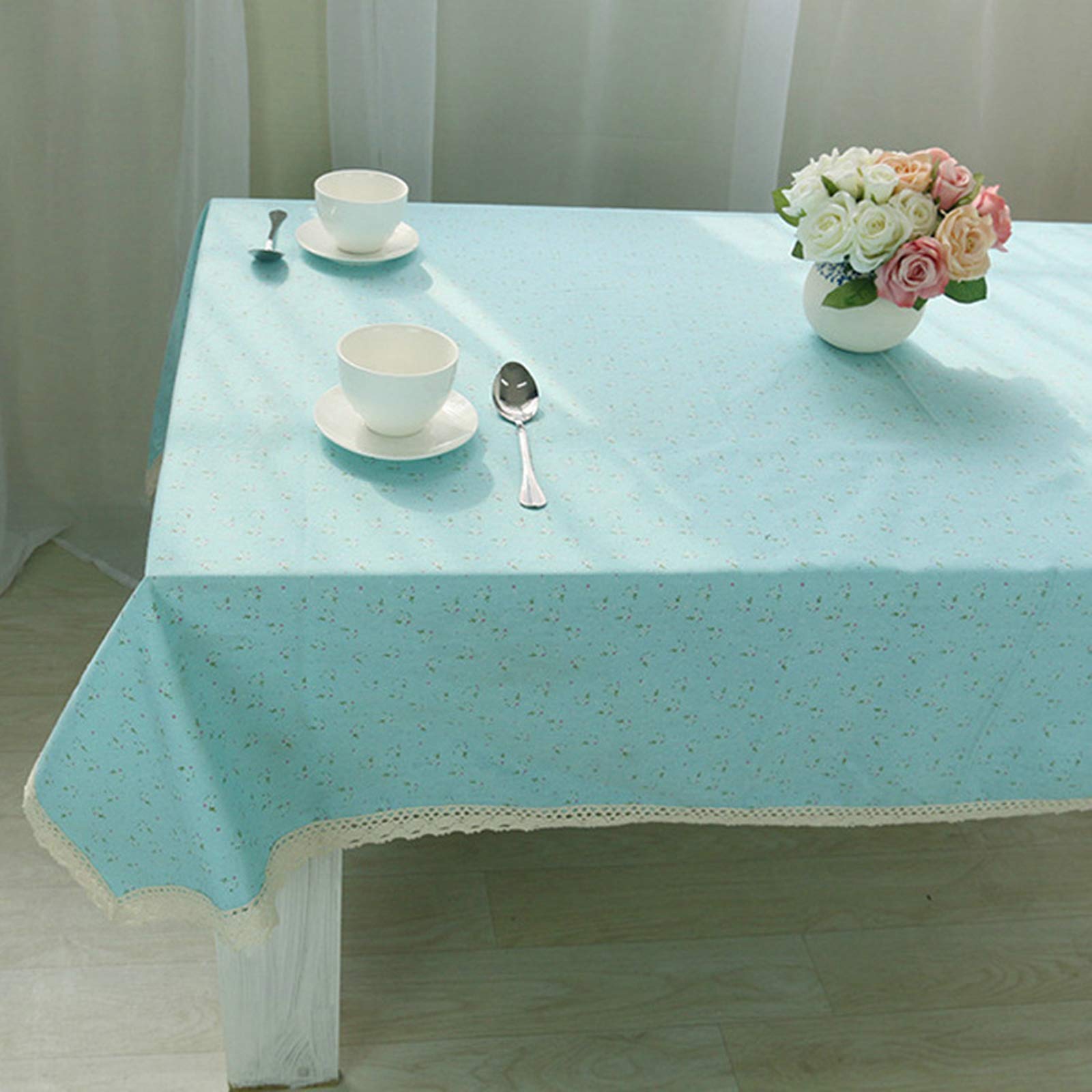Nappe petites fleurs en coton lin bleu 140x140 cm pour table carrée