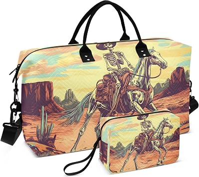 Duffel Bag for Traveling, Skeleton Cowboy Horse Travel Bag Gym Bag, with Multiple Interior Pockets Shoulder Weekender Bag for Women Men with Toiletry Bag 20.5L x 7.9W x 13.8H