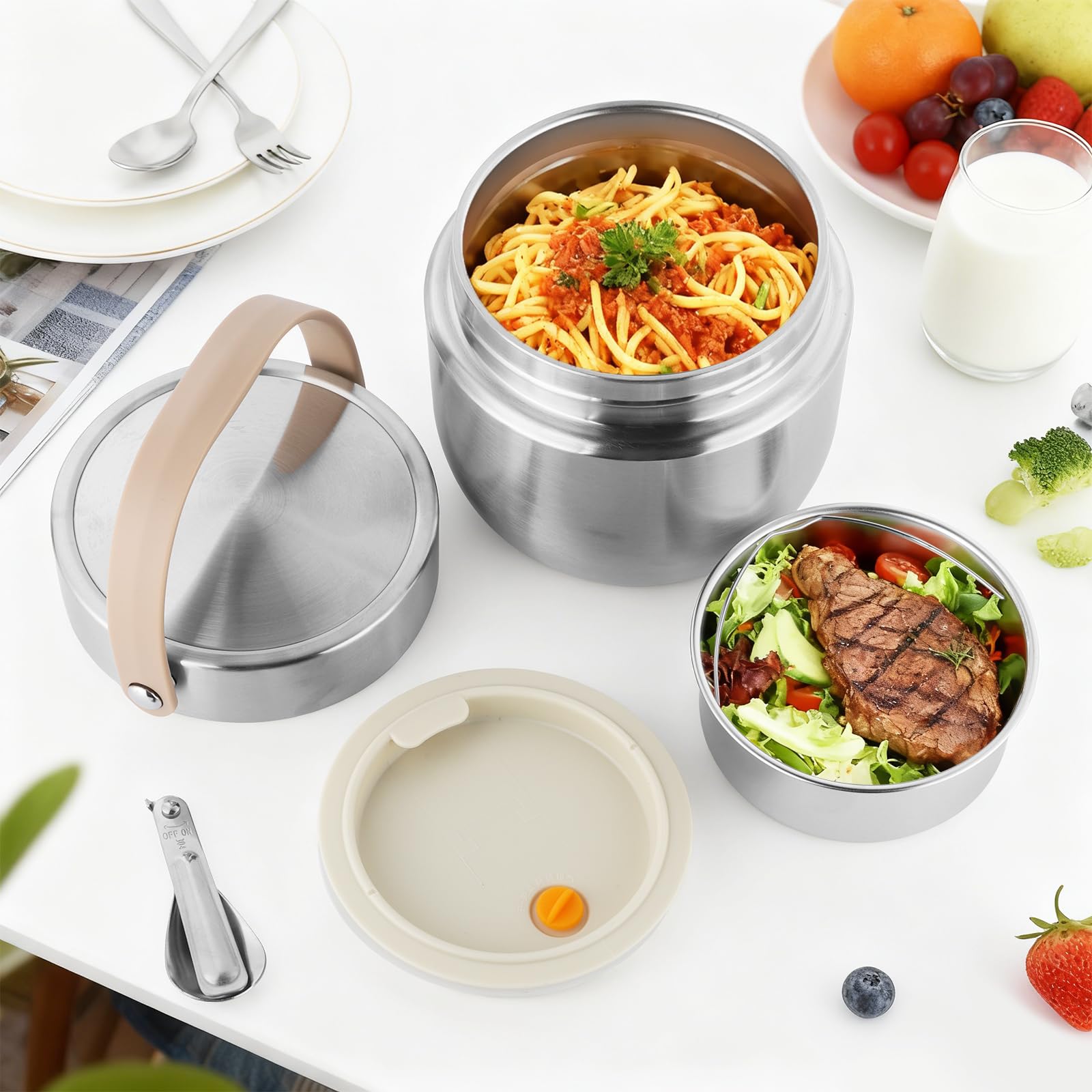 AiQInu Thermos-Lebensmittelbehälter für Erwachsene 1,2 l, Isolierter Edelstahl-Lunchbehälter mit Löffel und Griff, Weitmundig, Vakuumisoliert für Warme Speisen für Kinder und Erwachsene (Silber)