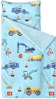 Wake In Cloud - Toddler Nap Mat with Pillow and Minky Fleece Blanket, for Kids Boys Ages 3 Plus in Daycare Preschool Kindergarten, Roll Up Sleeping Bag, Construction Trucks
