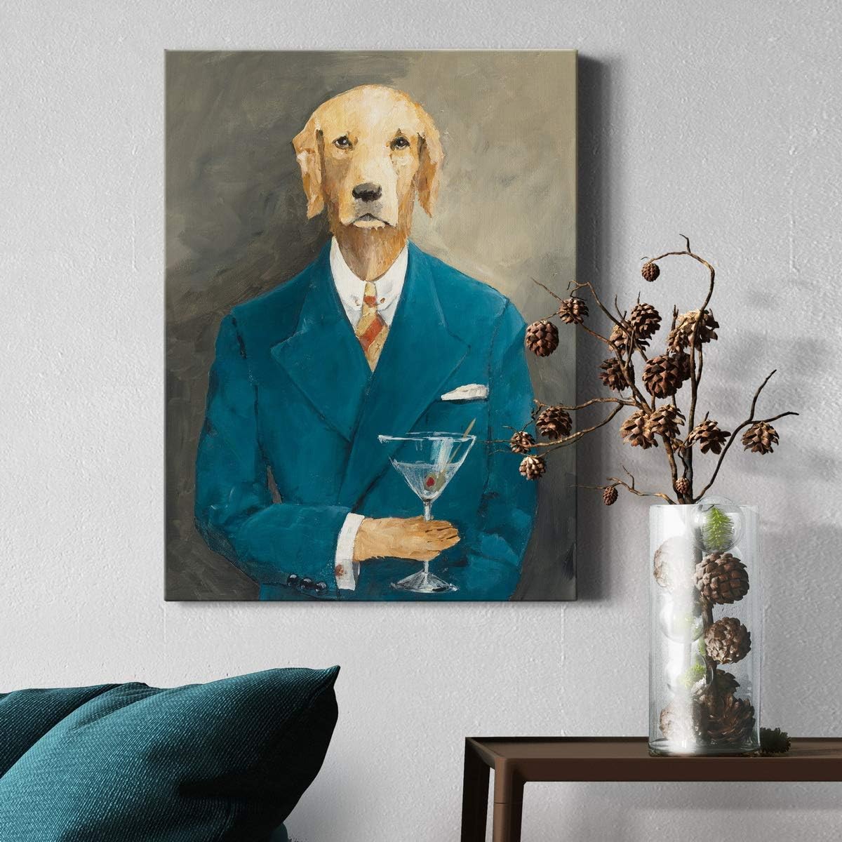 Renditions Gallery Canvas Animal Wall Art Home Paintings & Prints Portrait of a Dog John Steinbark holding a glass of Wine Modern Wall Hanging Decorations for Bedroom Office Kitchen - 16"X20" - LT42