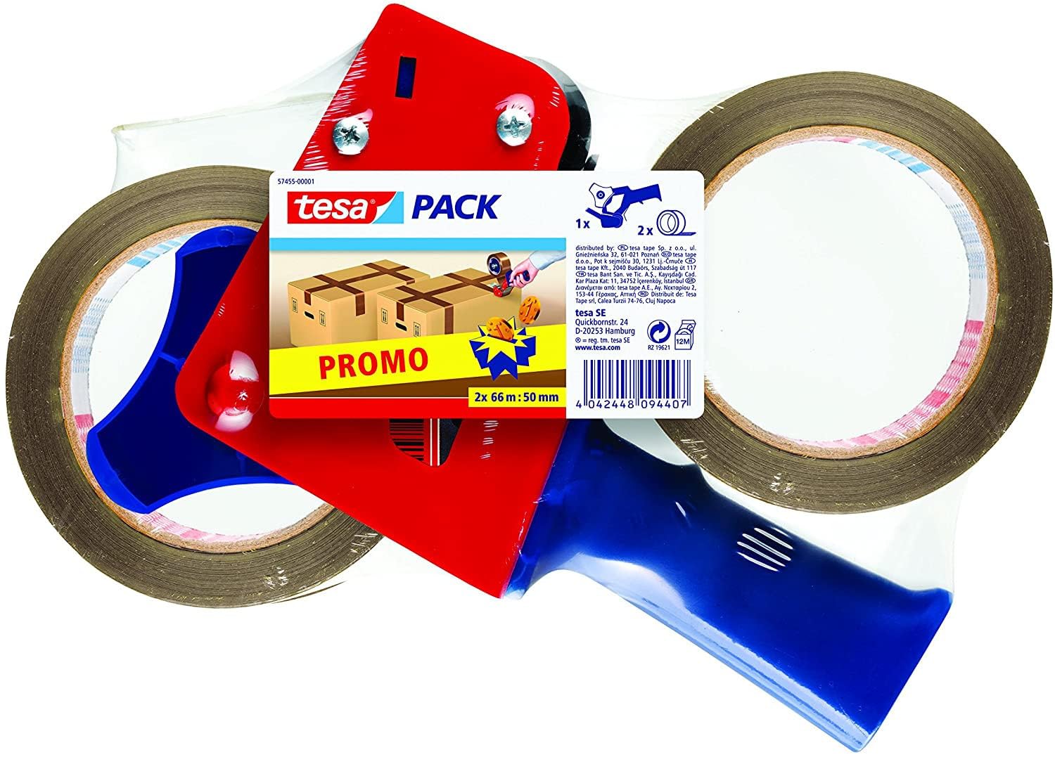 TESA 57455-00001-01 Set aus 2 Klebebandrollen inklusiv Handabroller, 50 mm x 66 m