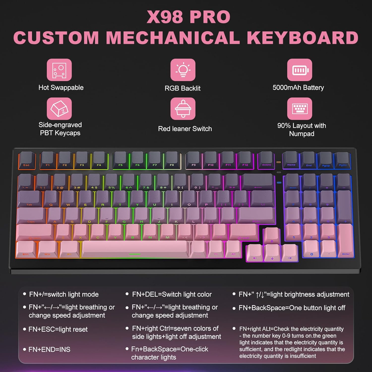 CC MALL X98 PRO Wireless Mechanical Keyboard,Hot Swappable Custom Keyboard with Number Pad,Linear Switches,Tri-Mode BT5.0/2.4GHz/USB-C,RGB Backlit Computer Gaming Keyboards for Win/Mac/PC