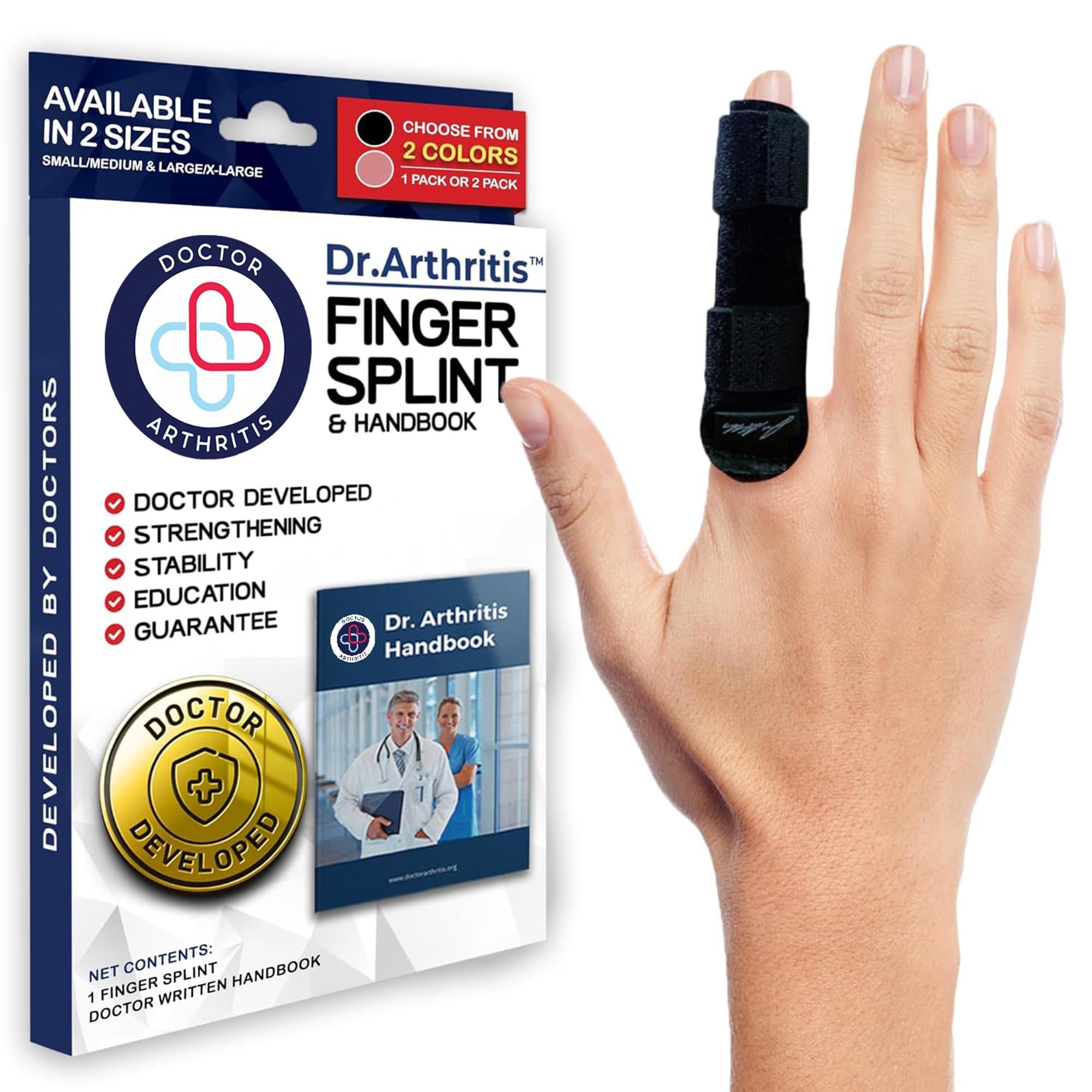 Doctor Developed Finger Splint and Handbook [1-Piece] Trigger Finger Brace - Braces, Splints & Supports Index, Middle, Ring & Pinky Finger - Padded Finger Splints for Straightening | Black L/XL