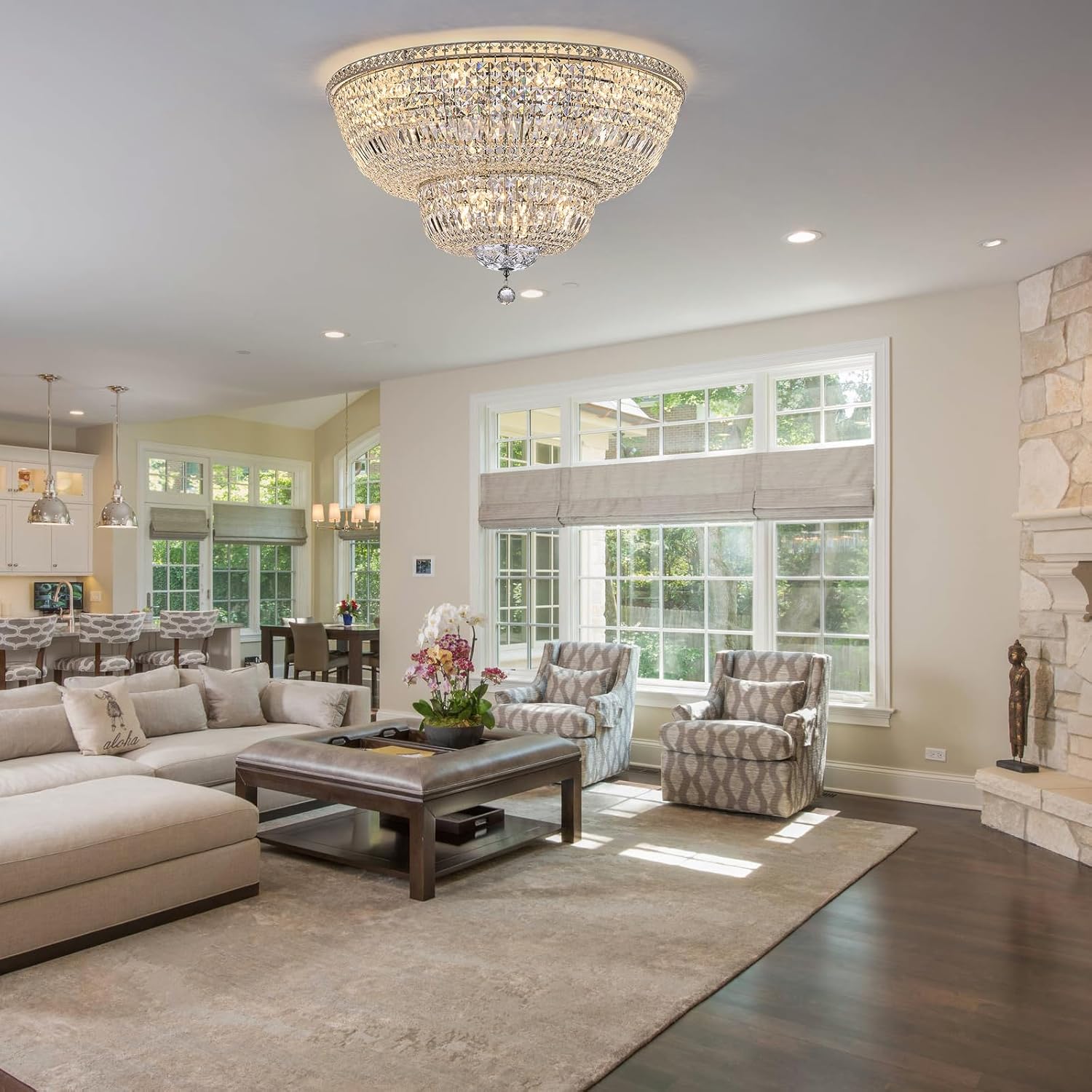 16 Light Modern Crystal Chandeliers Ceiling Light Fixture Flush Mount Ceiling Light for Living Room Dining Room Bedroom Foyer (Chrome, 32")