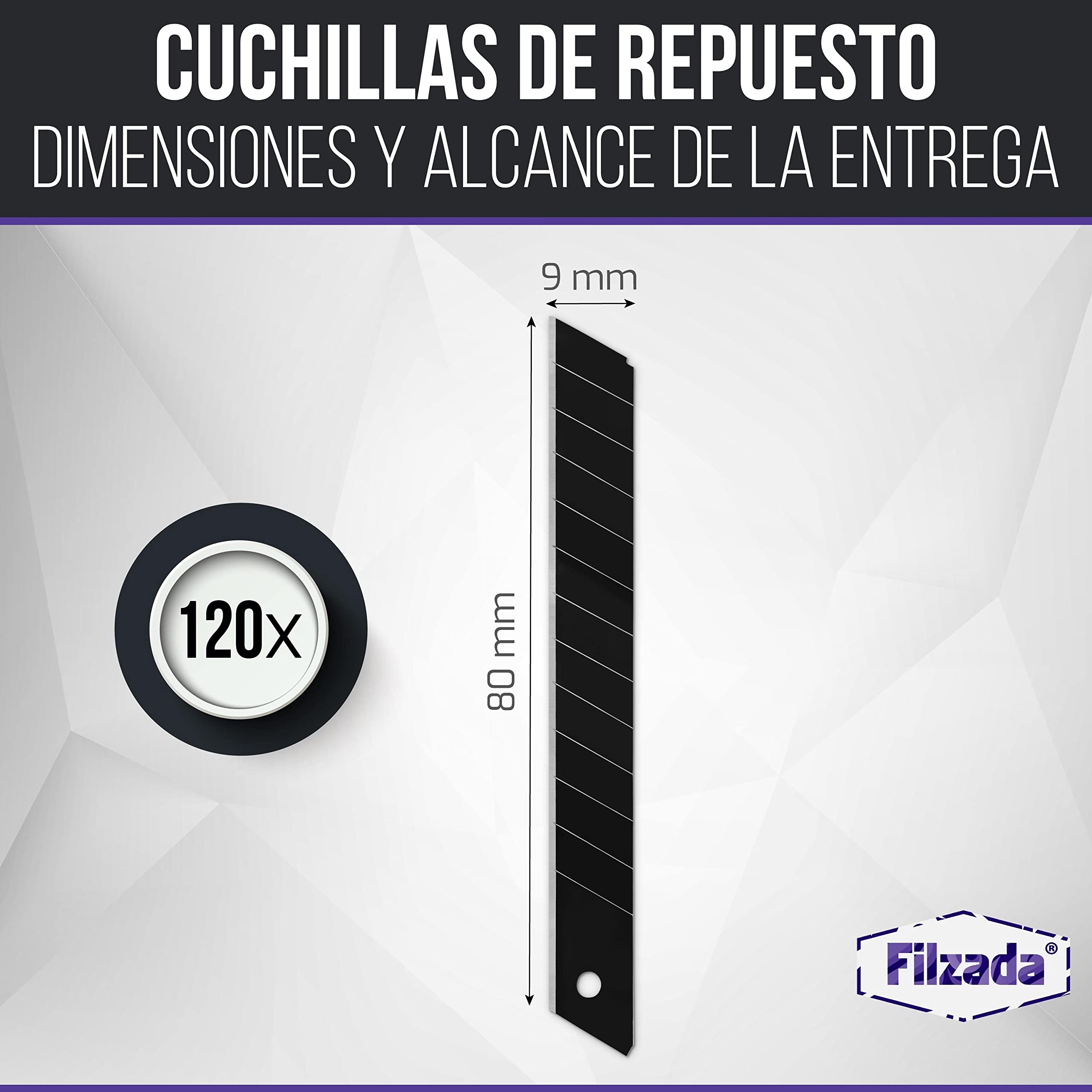 Filzada® 120x Cuchillas de repuesto para cuchillos de corte de 9mm NEGRO - Cuchillas ultra afiladas para alfombras - Cuchillas a presión para cuchillos de corte de 9mm