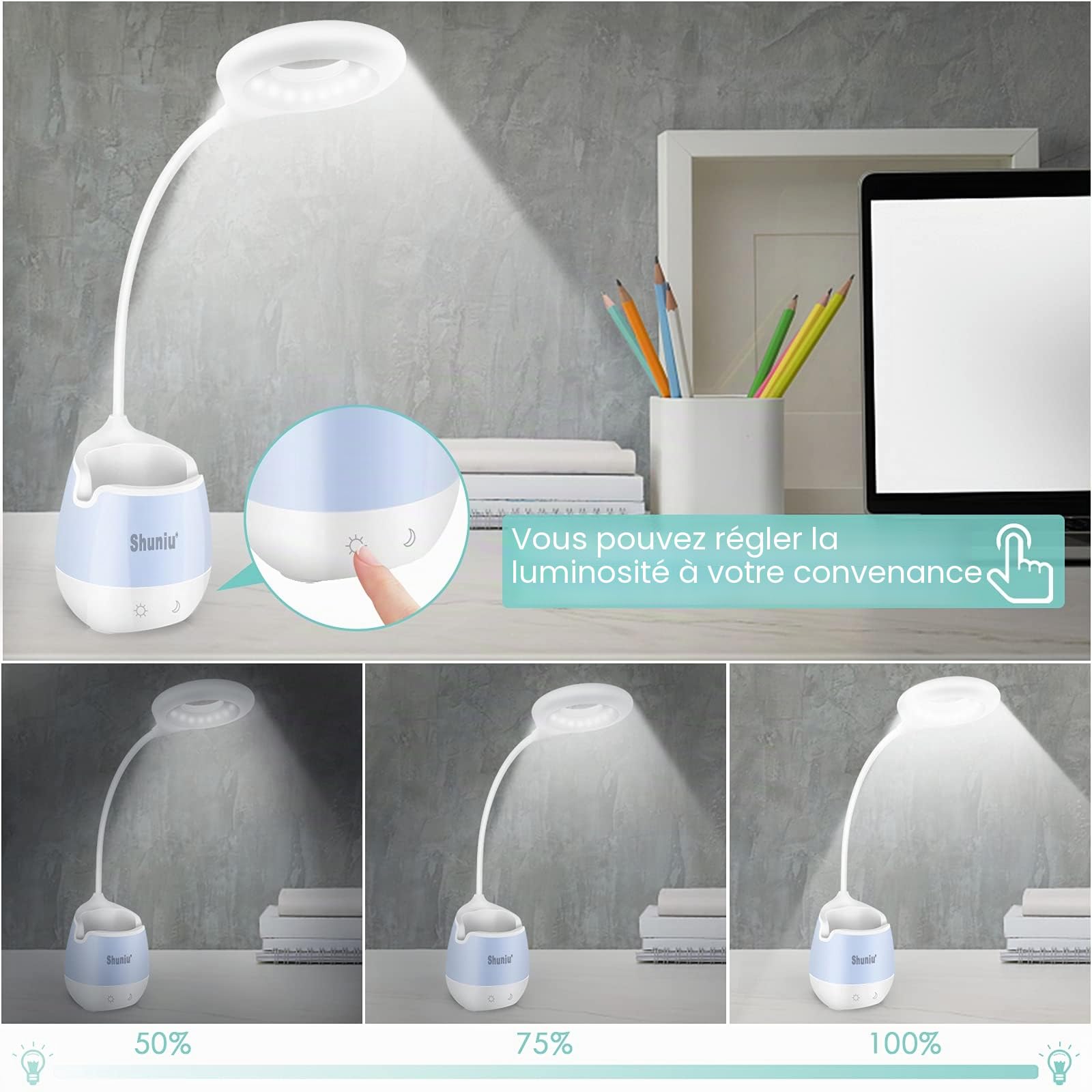 Shuniu Lampe de bureau pour enfants, 20 LED, à intensité variable, avec 3 niveaux de luminosité, RVB 256 couleurs, lampe de chevet et lampe de lecture, lampe de bureau avec support de téléphone