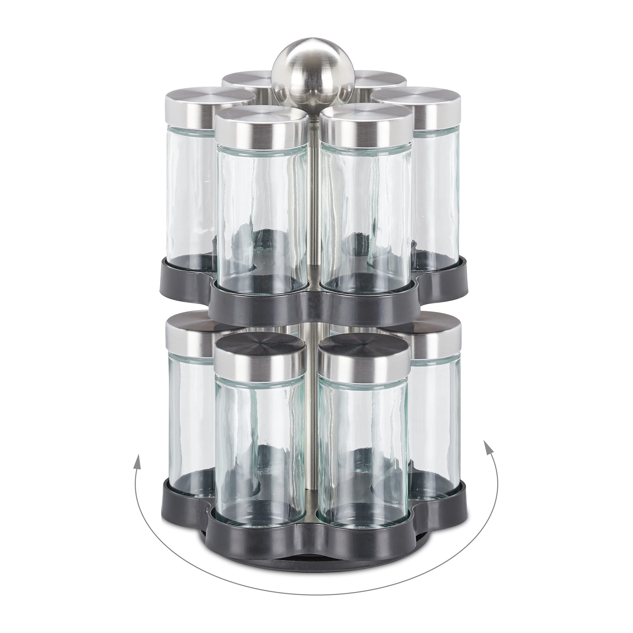 Relaxdays Tourniquet à épices, 12 Pots, étagère rotative à 360°, INOX, Verre, HxD 25,5 x 14 cm, carrousel, Argent/Noir
