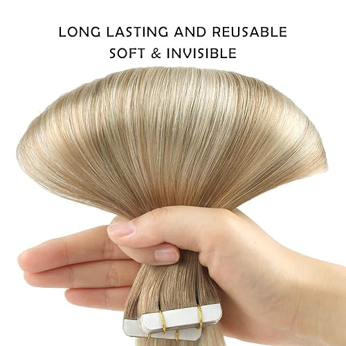Miniatura 5 de Sassina Extensiones de cabello humano real con cinta invisible de 16 pulgadas, color castaño castaño a rubio platino, extensiones de cabello real