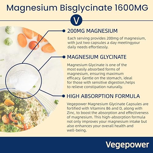 Miniatura 3 de Glicinato de magnesio 200 mg, suplemento de magnesio vegano de alta absorción, vitamina D y B6 de zinc de magnesio totalmente quelado, bisglicinato