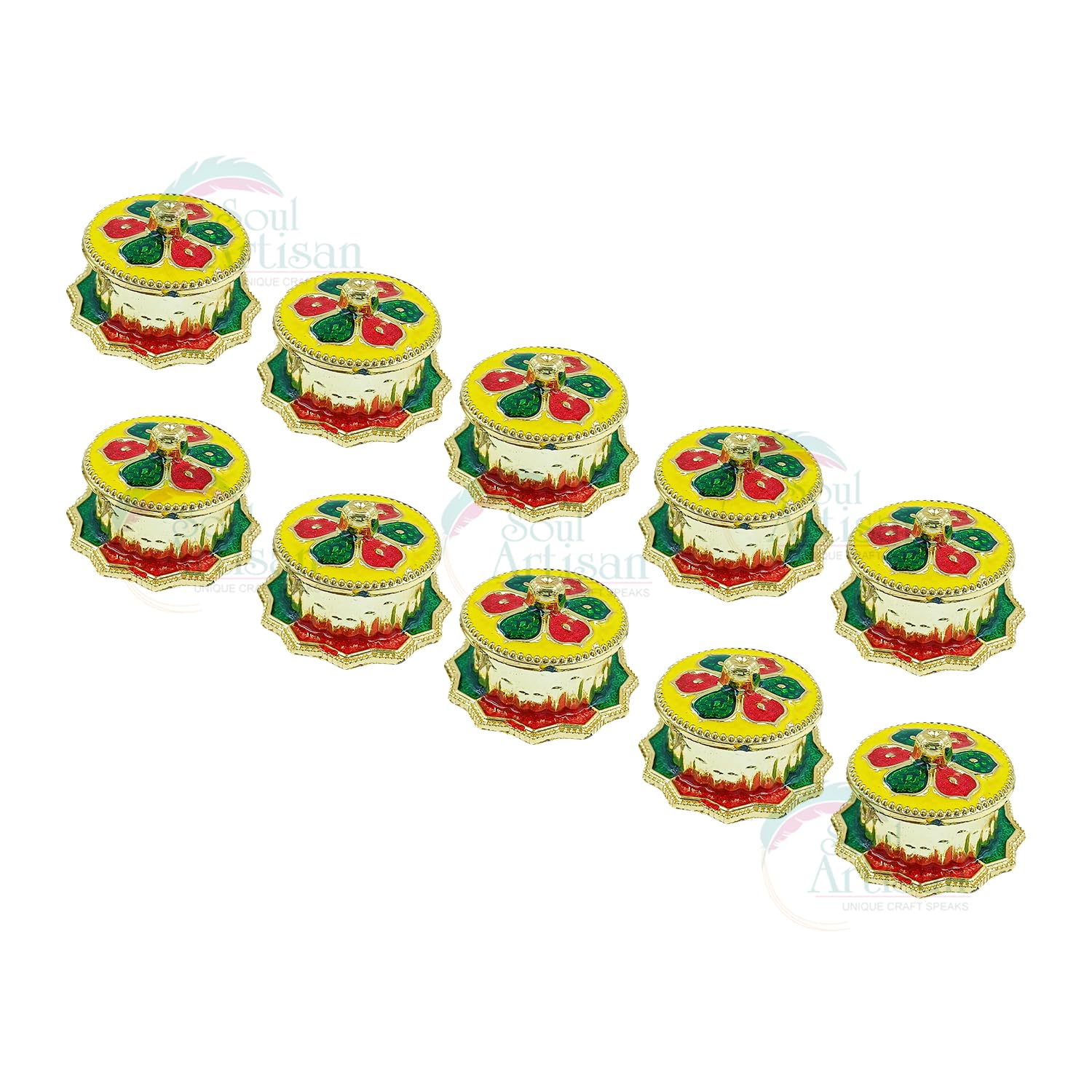 Soul Artisan Round Flower Design Single Kumkuma Holder Chimil Box - Plastic Golden Metallic Color(Pack of 10) - Decorative Design Tilak Daani, Sindoor for Women Return Gift, Diwali, Weddings, Pooja