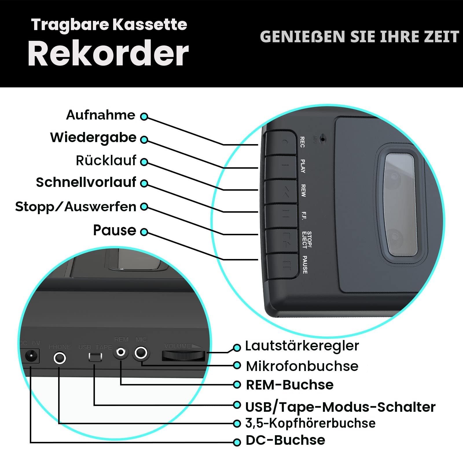 kassettenrekorder Portable Kassettenspieler Cassette Player Recorder Kassetten Digitalisieren auf USB mit Griff, Kopfhörer, Mikrofon, Lautsprecher