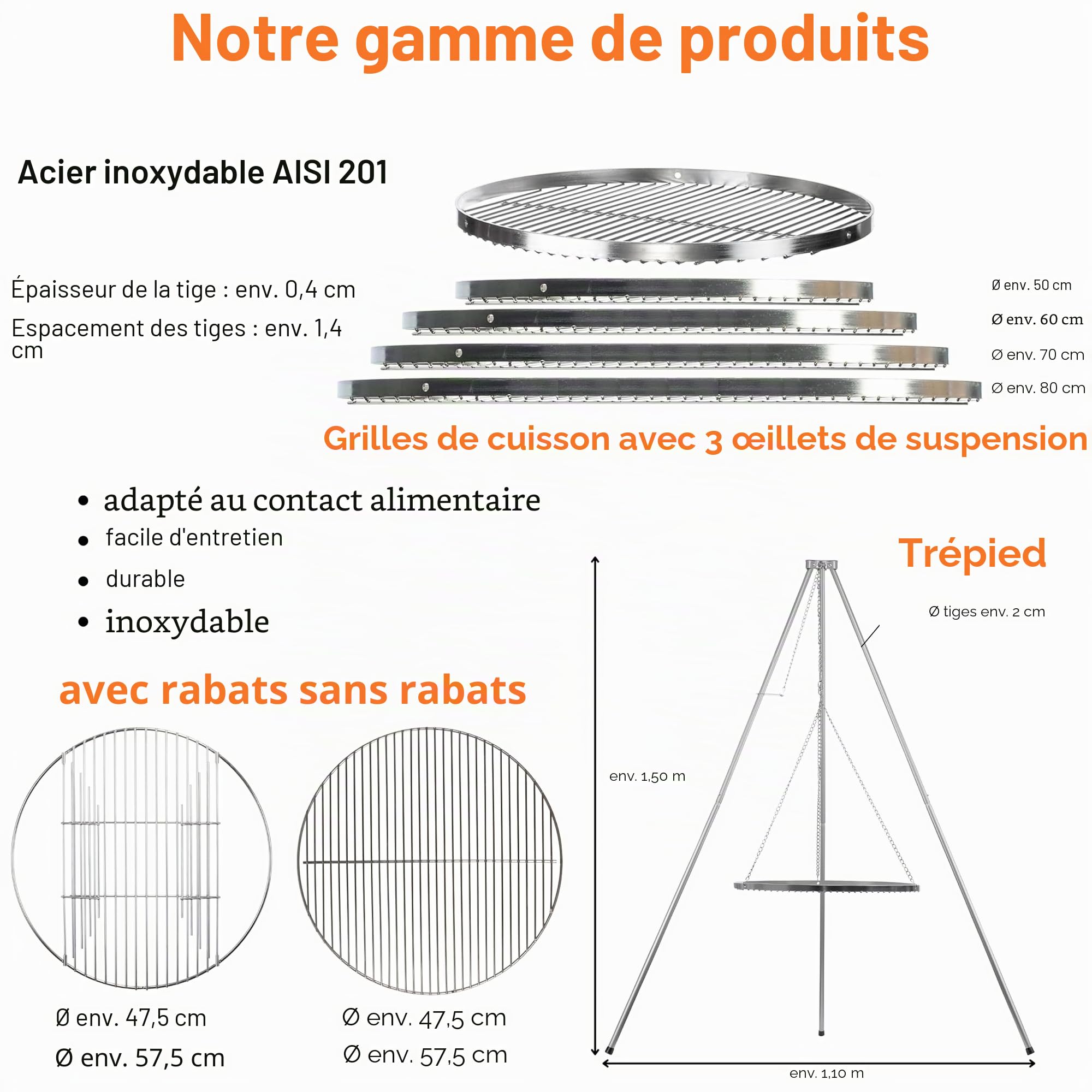 Grille rotative en acier inoxydable | Acier inoxydable 18/0 Asi 430 | Sans nickel | Rond: convient à la grille à billes Diamètre: Ø - 57 cm |Pliable