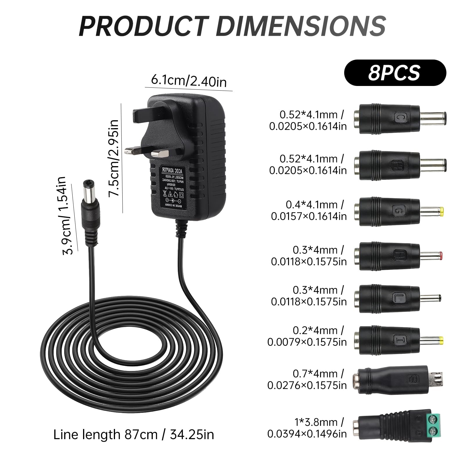 5V 2A Power Adapter Universal Power Supply Replacement, AC to DC 5v Adaptor with 8 DC Plugs,AC Adapter 100-240V 50 60Hz, 5 V Charger Adaptor for LED Strip, Router, TV Box, Audio, Speaker,Wall Charger — view 2